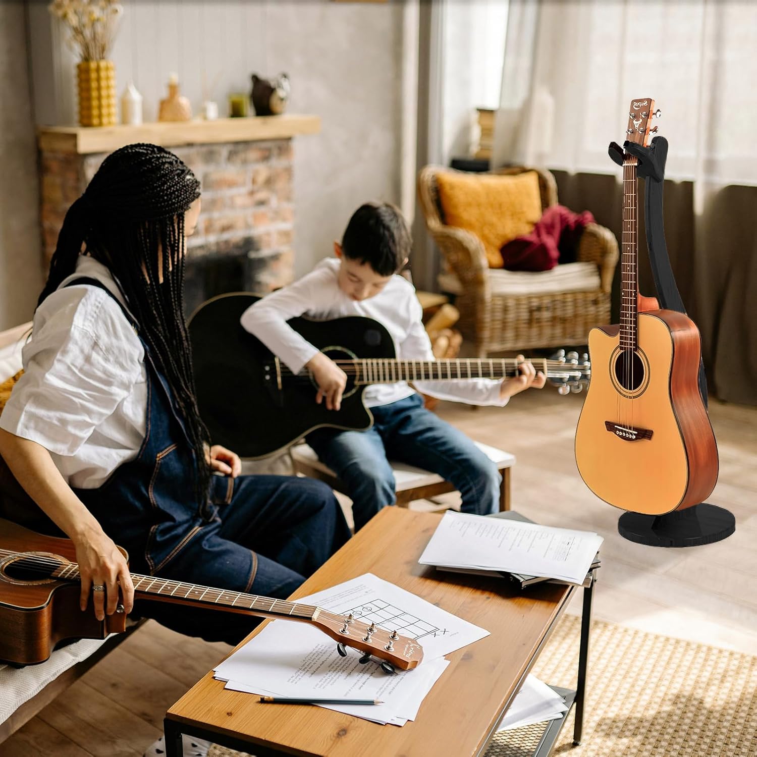 Wooden Guitar Stand Floor - Handmade Bamboo Guitar Music Stands for Acoustic Guitar Players, Wood Guitars Holder with Hanger for Electric Guitar, Banjo (Black)