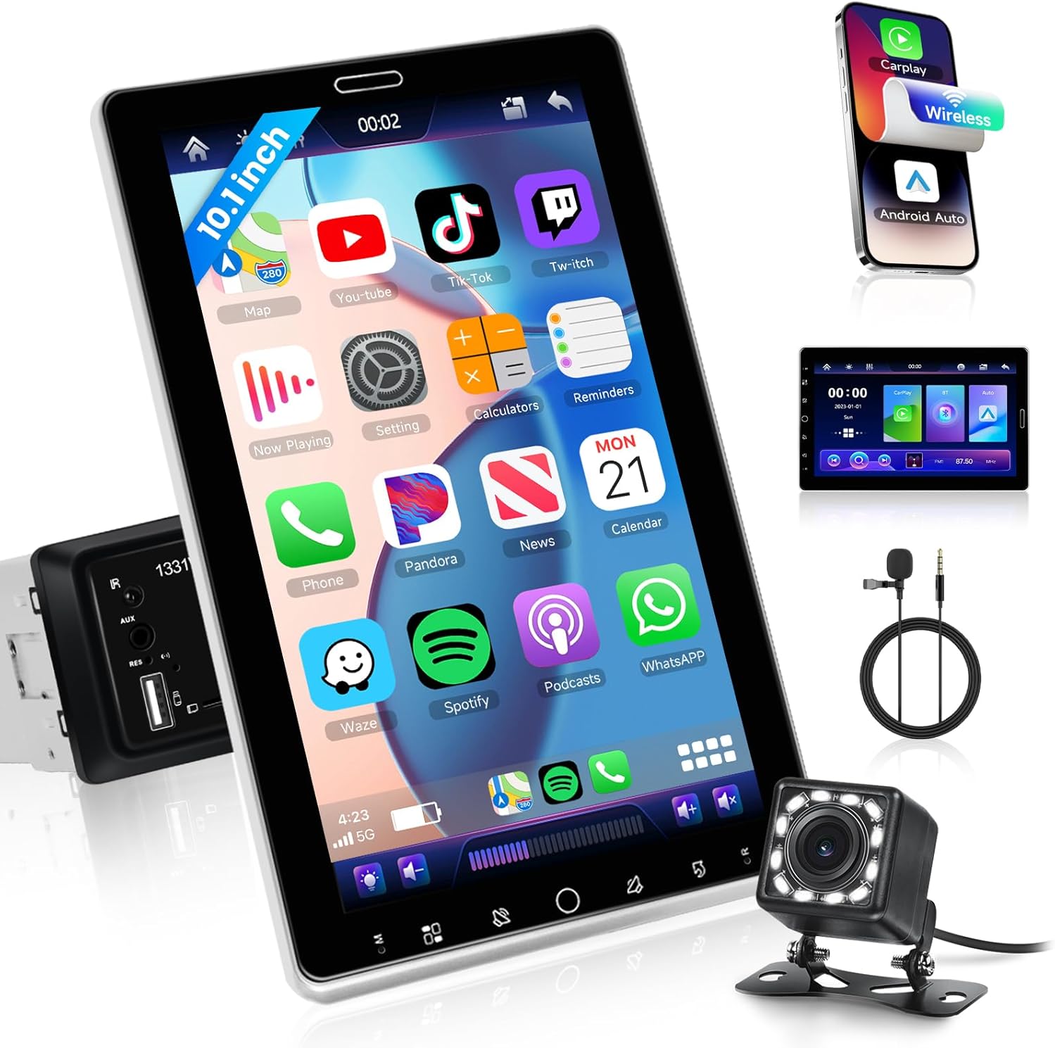 Single DIN Car Stereo 10.1 Inch Touch Screen With Wireless Carplay and Android Auto, Driauto Vertical Rotatable Screen 1 Din With Bluetooth FM RDS EQ, Car Radio Audio Receivers, SWC/USB/AUX/TF +Camera