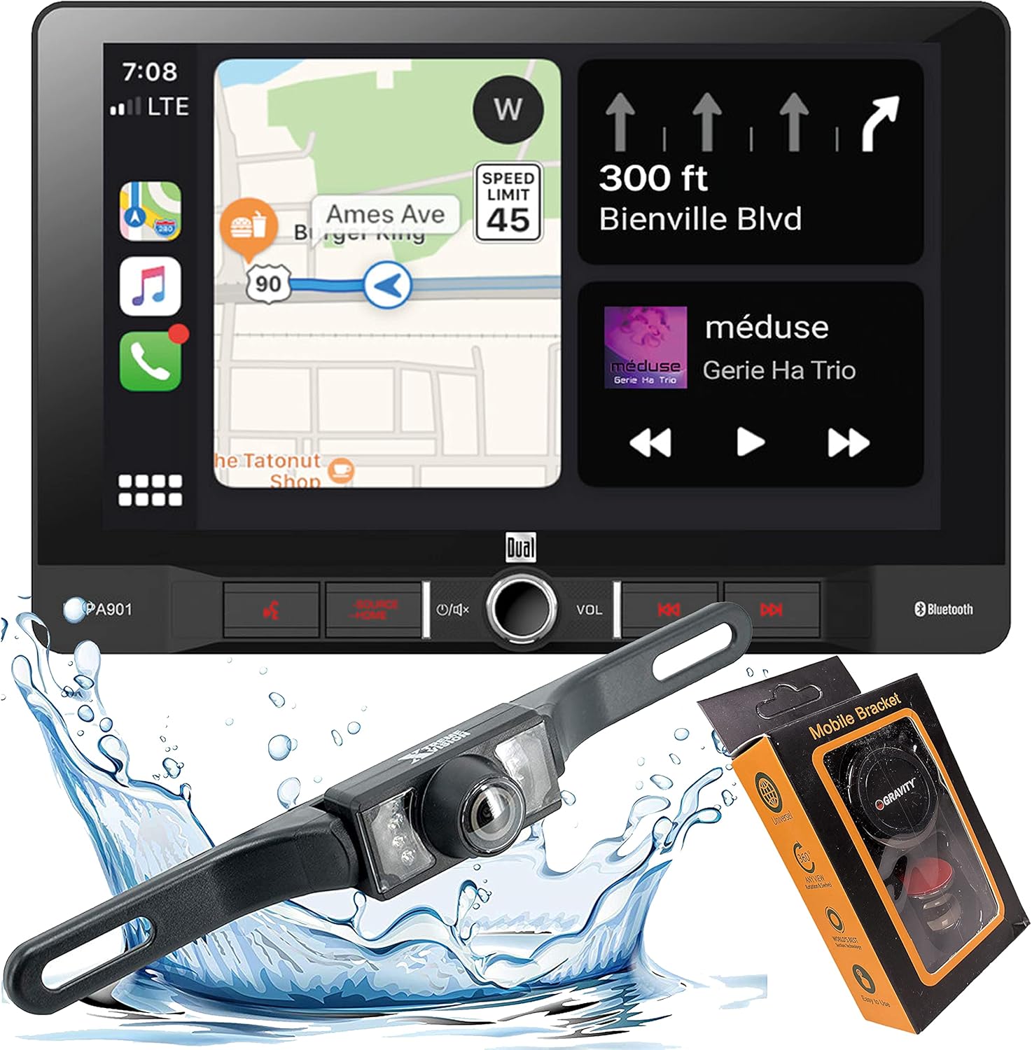 Dual Electronics DCPA901 9-Inch Single-DIN in-Dash Digital Media Receiver with Bluetooth, Android Auto and Wired Mirror Phone to The Unit with Gravity Magnet Phone Holder and Camera PK1 Bundle