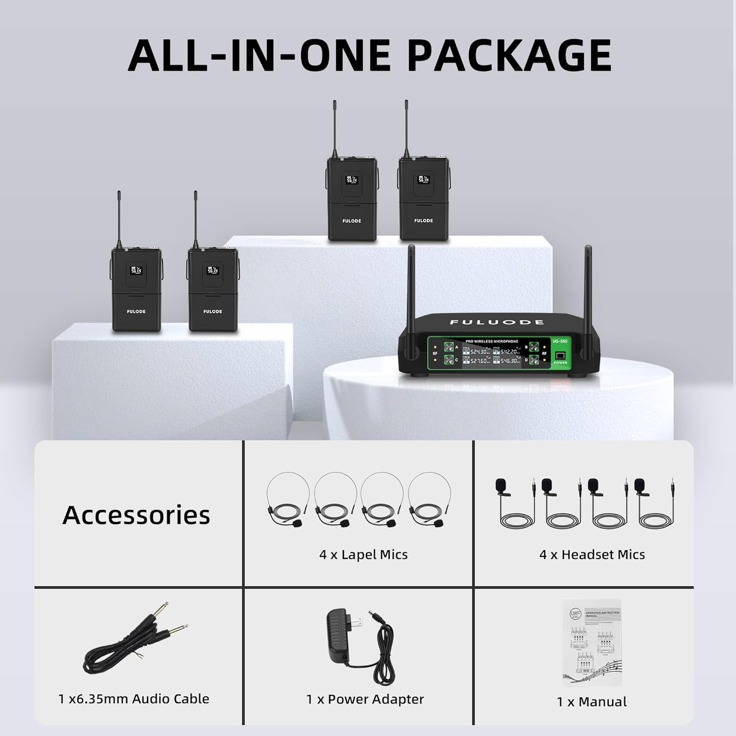 UG-550 Wireless Lapel Microphone, 4 Channel Professional UHF Wireless Microphone System with 4 Lavalier 4 Headset Mics for Singing Meeting Church Event TV Speaker (4 Bodypack, 200ft Range)