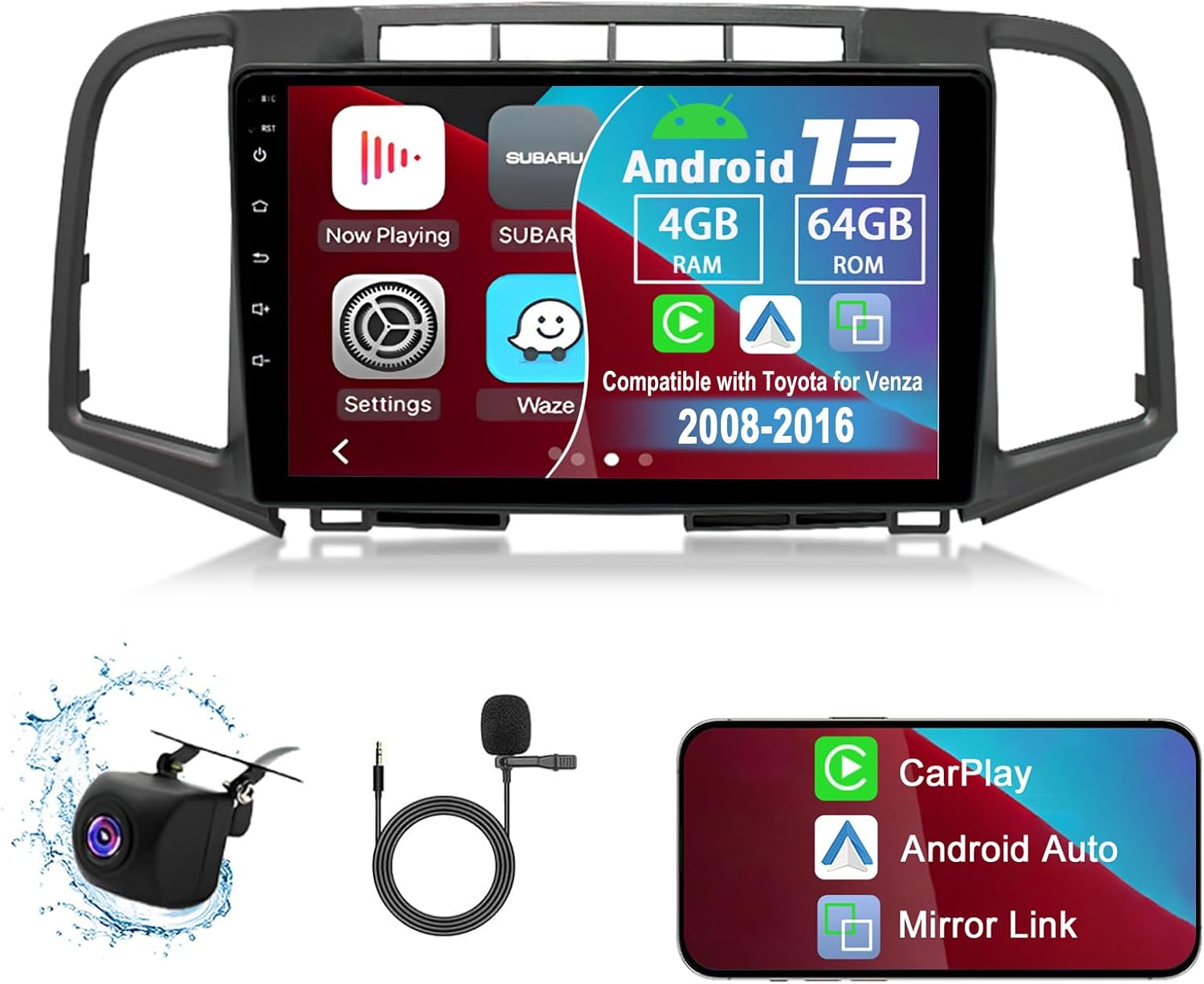 Android 13 Car Radio Stereo, 9'' Touch Screen Car Audio Compatible with Toyota for Venza 2008-2016 with Carplay & Android Auto GPS WiFi Bluetooth Mirror Link Backup Camera Mic [4+64G]