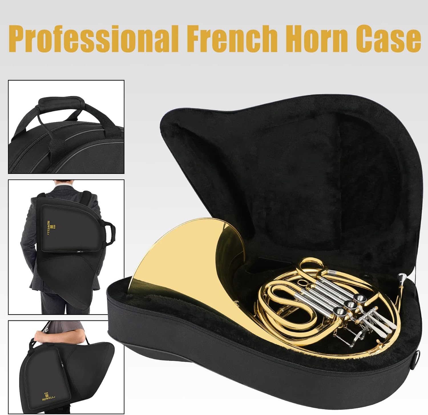 ROWELL Single French Horn 3 Keys Gold Lacquer F Horn with Case, Mouthpiece, Gloves and Polishing Cloth