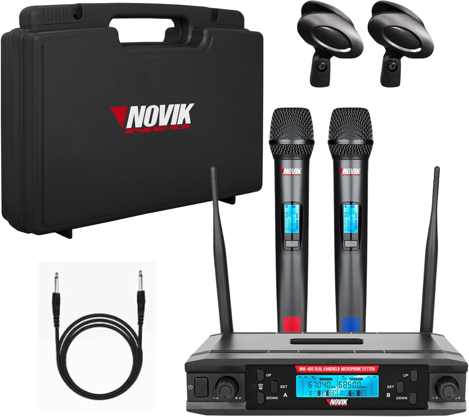NOVIK NEO Wireless Microphone System, Dual Handheld Cordless Dynamic Mics with Auto Scan, 2X UHF Channels, XLR Outputs, for Singing, DJ, Karaoke, Church, Wedding, Events UNK-660