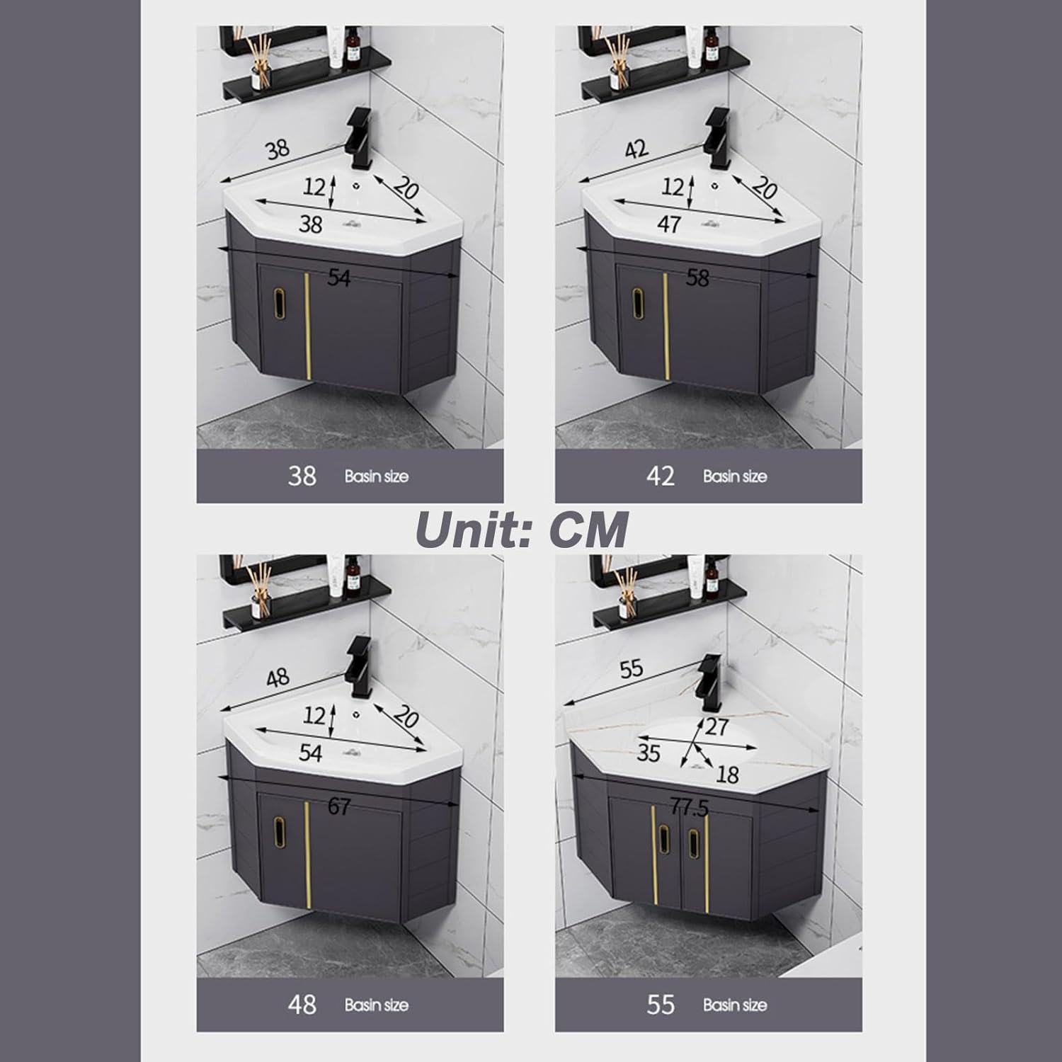 Wall Mount Vessel Sink,Ceramic Sink,Bathroom Corner Basin Sinks, Corner Bathroom Vanity Sink Combo Wall Mounted Cabinet Set for Small Space,with Mirror-55cm