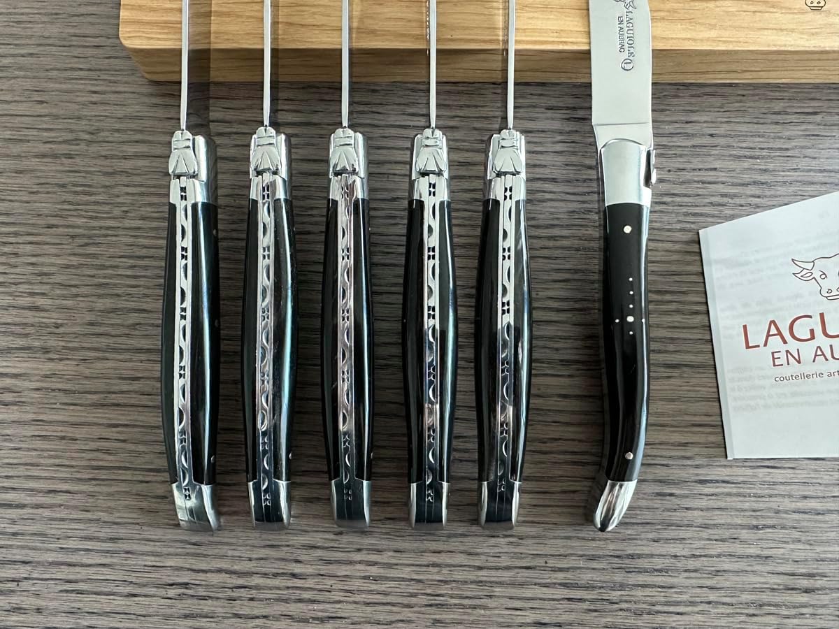 Laguiole en Aubrac Luxury Fully Forged Full Tang Stainless Steel Steak Knives 6-Piece Set with Buffalo Horn Handle, Stainless Steel Polished Bolsters, Made In France