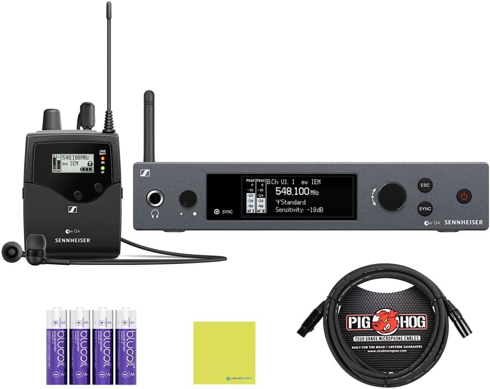 Liquid Audio Sennheiser ew IEM G4-A Wireless in-Ear Monitoring System Bundle w/Pig Hog PHM10 8mm Mic Cable, 4-Pack Blucoil AA Batteries Polishing Cloth