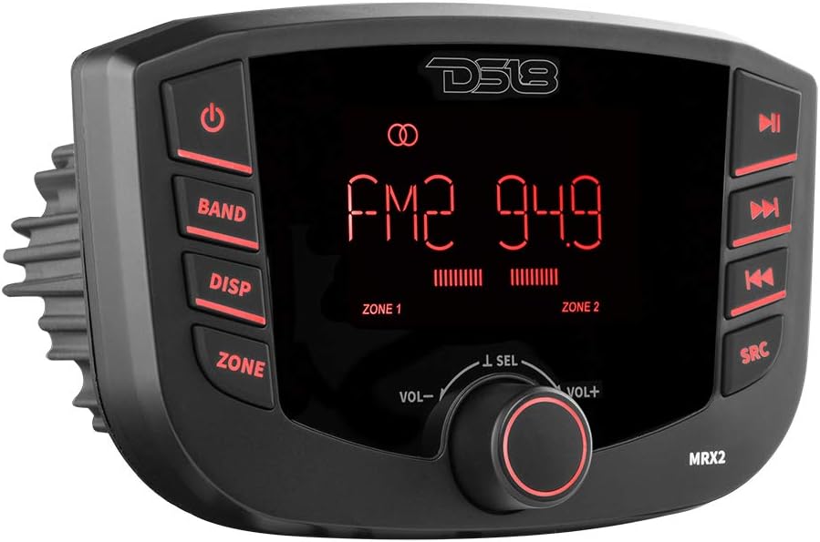 DS18 Hydro MRX2 Marine and Powersports Headunit Media Center Receiver LCD Screen with AM/FM Radio, USB and Bluetooth, 2 Zones, 4 Volts Output, BT, RDS 4X40 Watts
