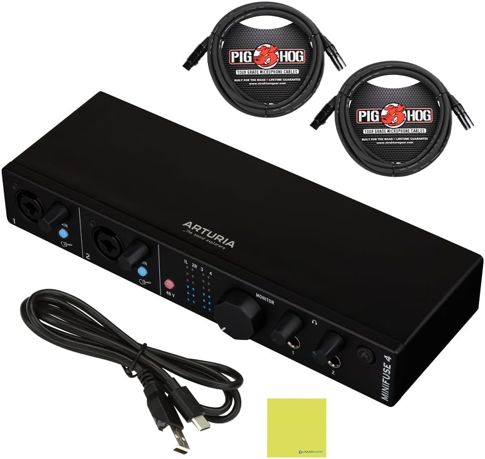Arturia MiniFuse 4 Versatile Desktop USB-C Audio Interface, Black w/ 2-Pack Pig Hog PHM10 8mm XLR Microphone Cable and Liquid Audio Polishing Cloth