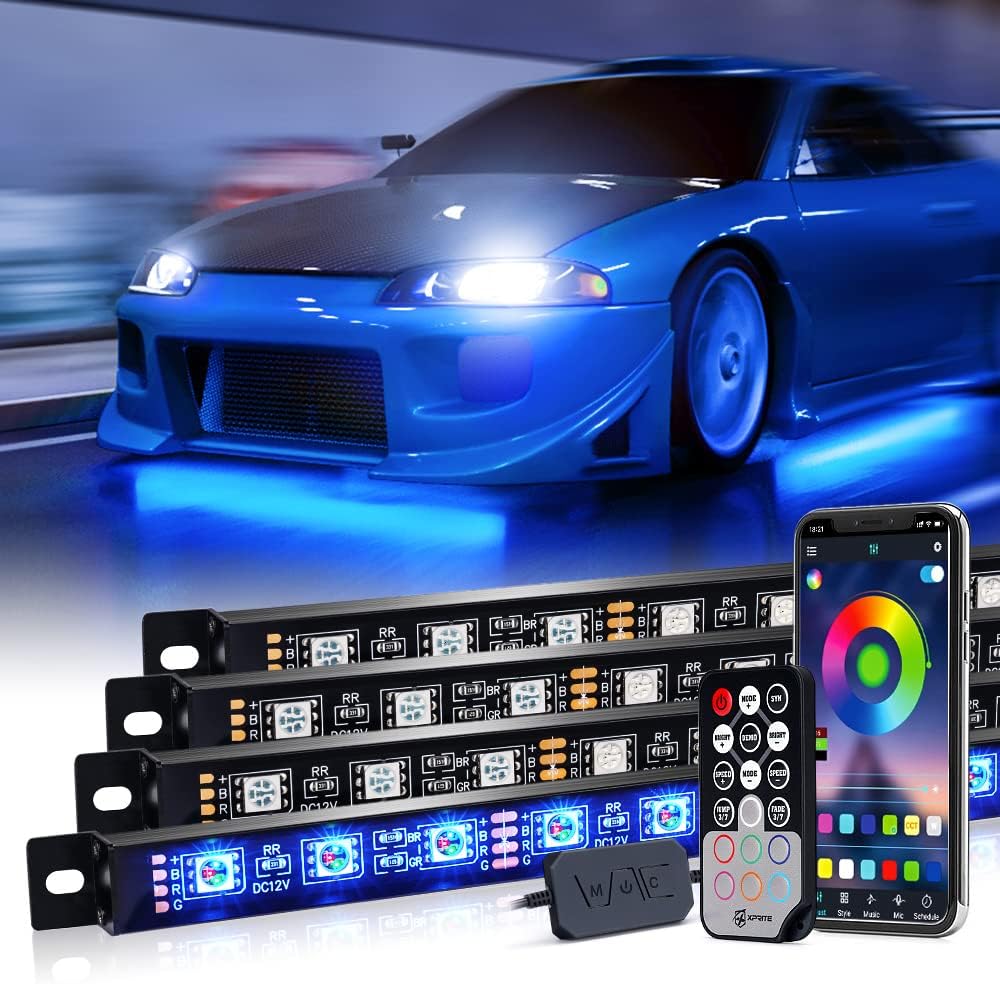 Underglow LED Lights for Cars, Xprite 4 PCS Aluminum Car Underglow Kit with Bluetooth & Wireless Remote Control, 12V 252 LEDs Car Lights Exterior Underbody Strips for Trucks SUV Vans