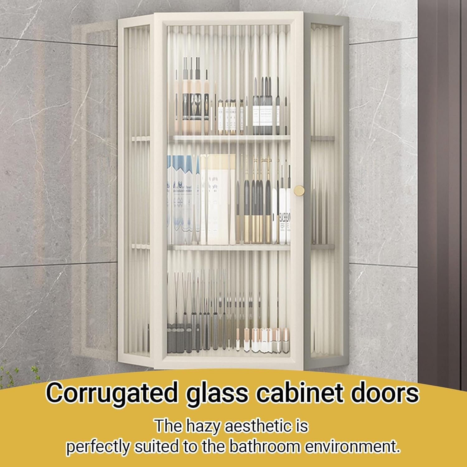 3/4 Tier Wall Mount Corner Bathroom Cabinets with Glass Door，Corner Medicine Cabinet ，Narrow Spice Rack，Makeup Organizer ，for Kitchen Living Room，Bedroom(Beige,4-Tier)