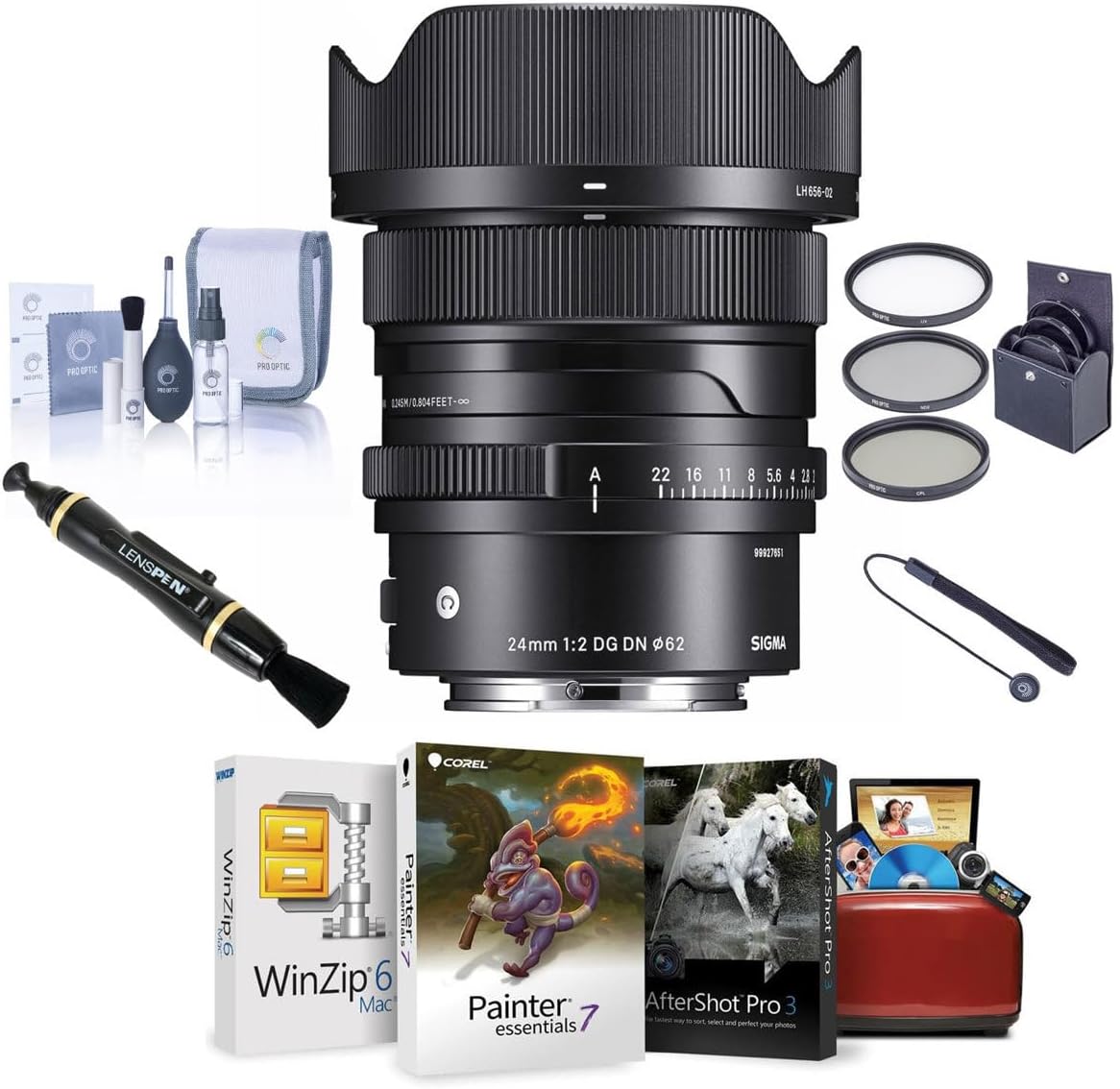 Sigma 24mm f/2 DG DN Contemporary Lens for Sony E, Bundle with ProOptic 62mm Filter Kit, Mac Software Kit, Cleaning Kit, Cap Tether, Lens Cleaner