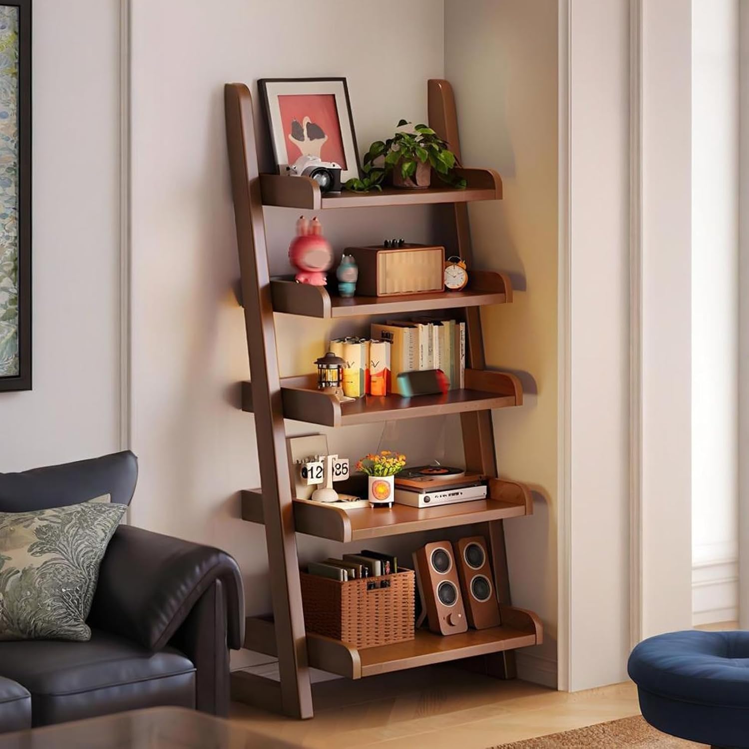 Ladder Open Storage Bookshelf Freestanding Display Rack Shelving Unit, Space-Saving Wooden Bookcase Narrow Book Shelf Organizer for Small Space(Brown,140cm/55in)