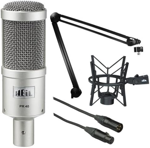 HeiL Sound PR 40 Dynamic Cardioid Studio Microphone Bundle with PRSM Shock Mount (Black), PL2T Overhead Studio and Broadcast Boom Mount and Microphone Cable