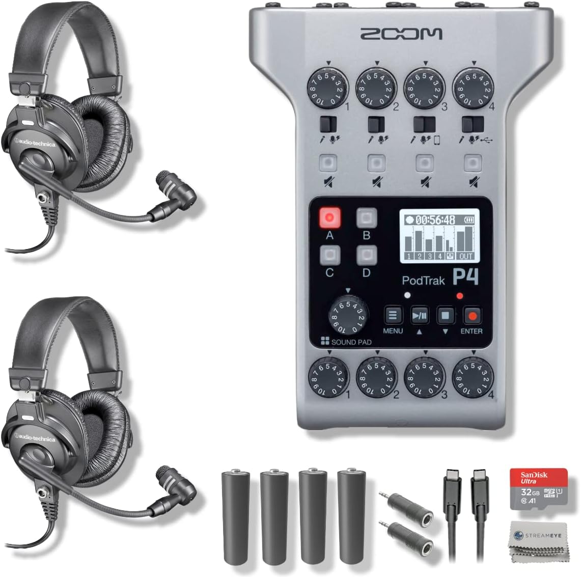 Zoom PodTrak P4 Portable Podcast Recorder with 2X BPHS1 Broadcast Headphones with Microphone, 2X Headphone Adapter, 4X AA Batteries, 32GB SD Card, USB-C Cable and StreamEye Polishing Cloth