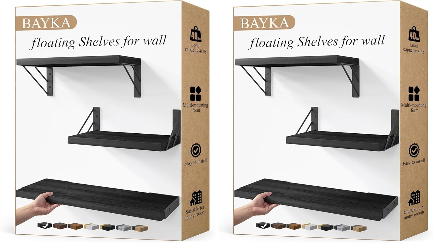 BAYKA Wall Shelves for Bedroom Decor, Floating Shelves for Wall Storage, Wall Mounted Rustic Wood Shelf for Books,Plants,Small Wall Shelf for Bathroom,Kitchen,Living Room(Black，Set of 3) (Pack of 2)