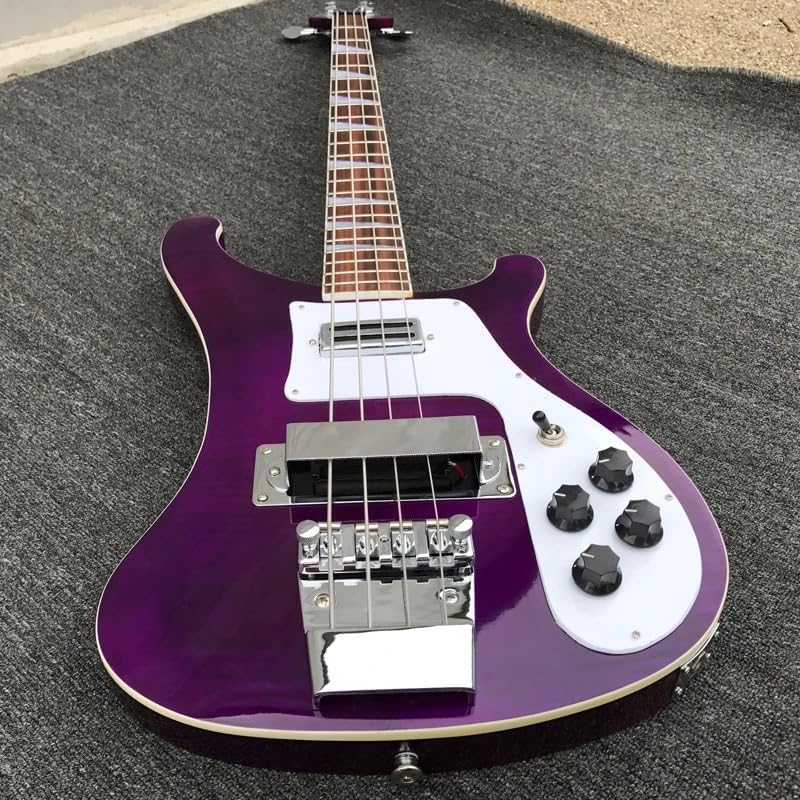 4-String Electric Bass Guitar - Stunning Purple Gloss Finish with Flame Maple Top, 22-Fret Rosewood Fretboard
