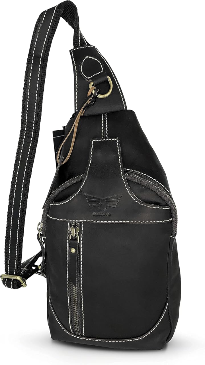 Leather Cross-body Sling Bag Casual Daypack Backpack Chest Shoulder Multi-Purpose Timeless Design Small Men (Black)