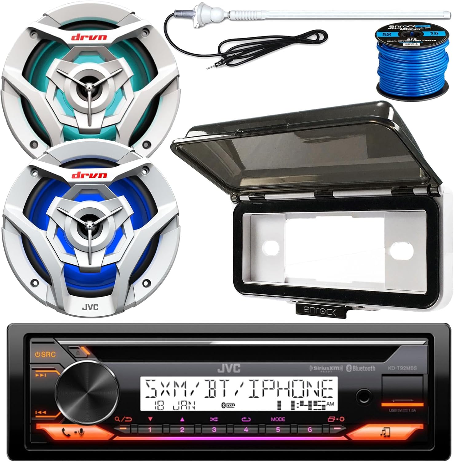 Single DIN Marine Bluetooth USB AUX AM/FM Radio CD Player Receiver Bundle Combo with 2X 6.5 260W 2-Way White Boat Audio Speakers with Multicolor LEDs, Receiver Shield, Antenna, Speaker Wiring