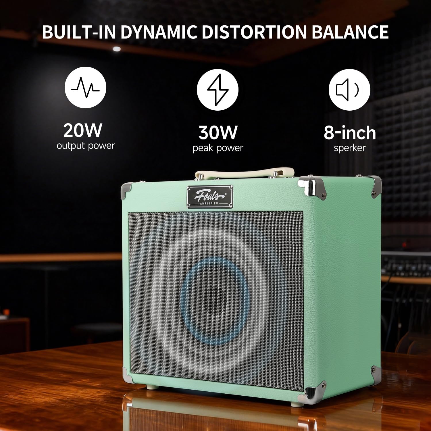 FOALS FW20 20W Electric Guitar Practice Amp, Dual-Channel Clean/Drive Combo Amplifier with Bluetooth, Headphone Output & 8-Inch Speaker (Green)