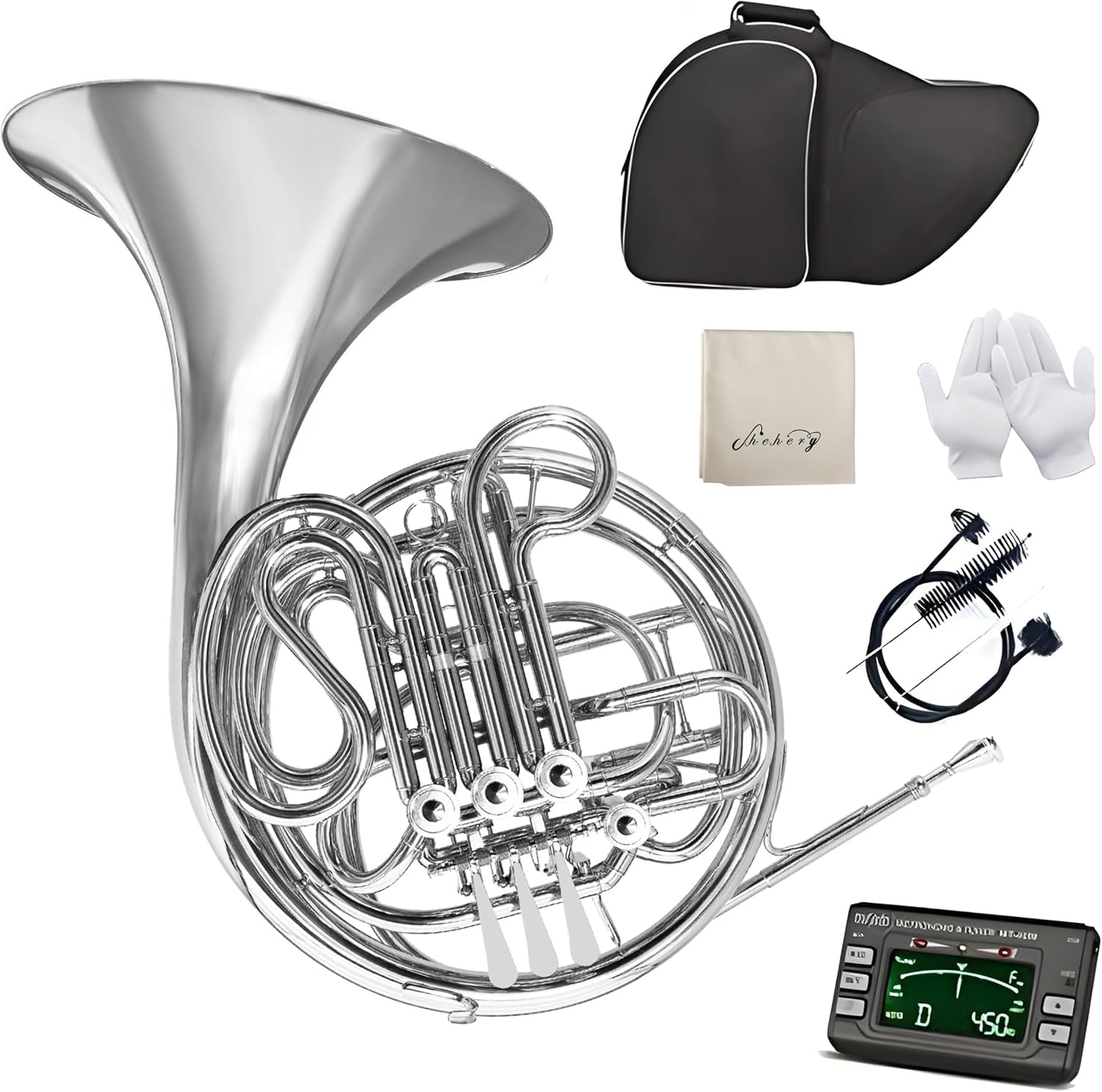 Double French Horn F/Bb 4 Keys Nickel plated＆Gold Craft Lacquer Brass French Horn With French Horn Case, Mouthpiece, Gloves, Cleaning Cloth and Brush (Sliver)…