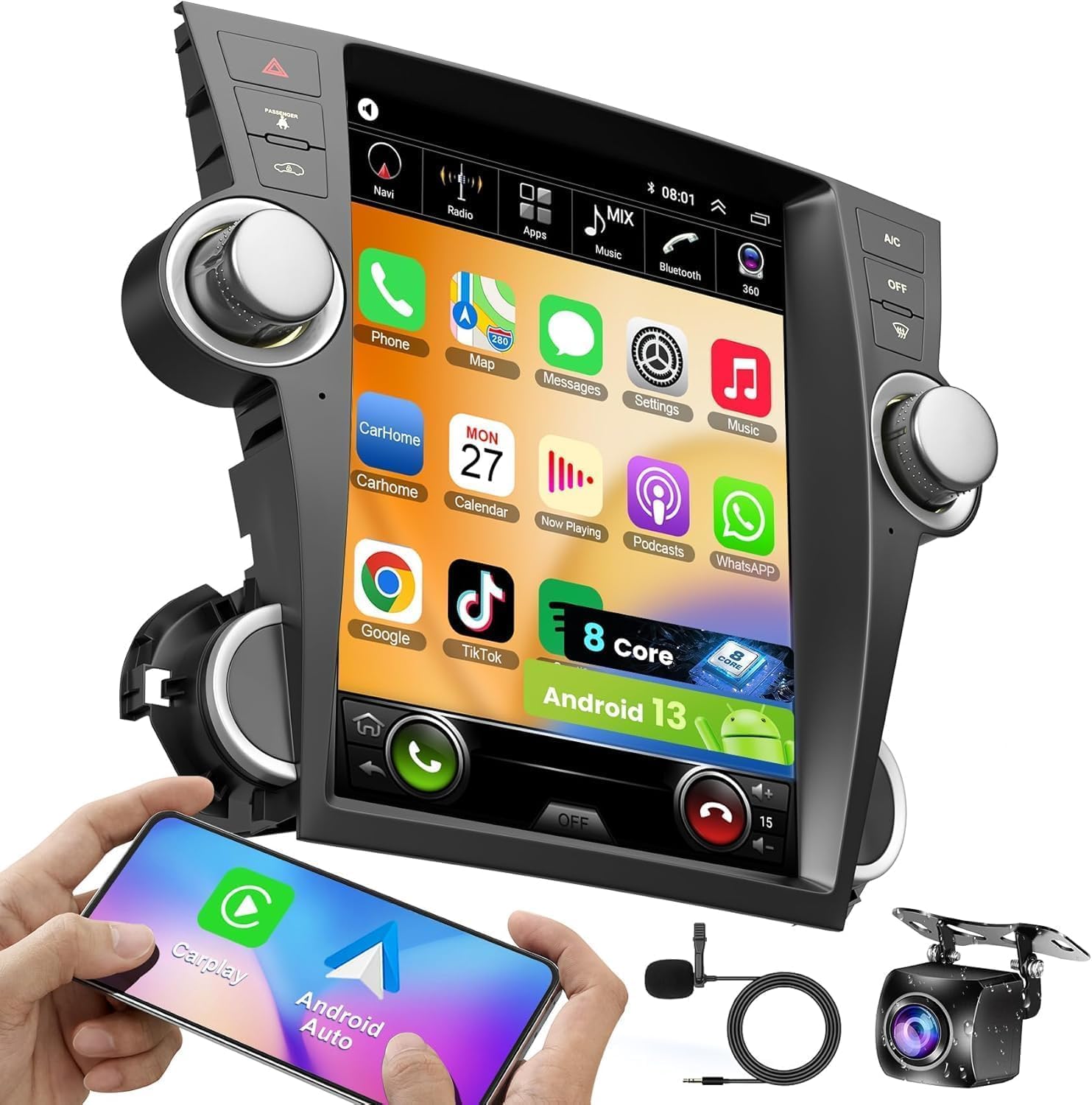 8Core 4GB+64GB Android 13 Car Radio for Toyota Highlander 2009 2010 2011 2012 2013(with Original J-B-L Sound System or not), 12.1 Inch Highlander Stereo with Carplay & Android Auto