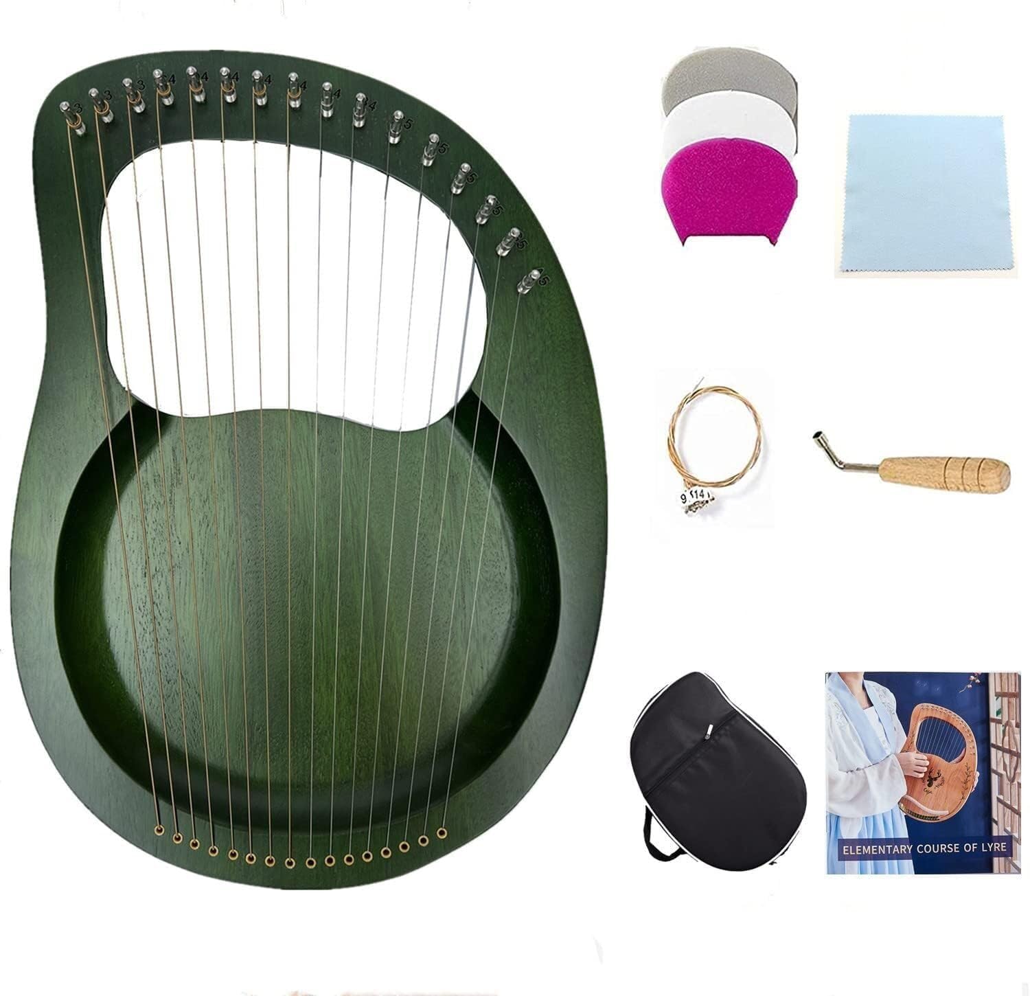 Lyre Harp, 16 Metal Strings Maple Saddle Mahogany Body Lyre Harp with All Accessories Included (Color:Green)(Green)