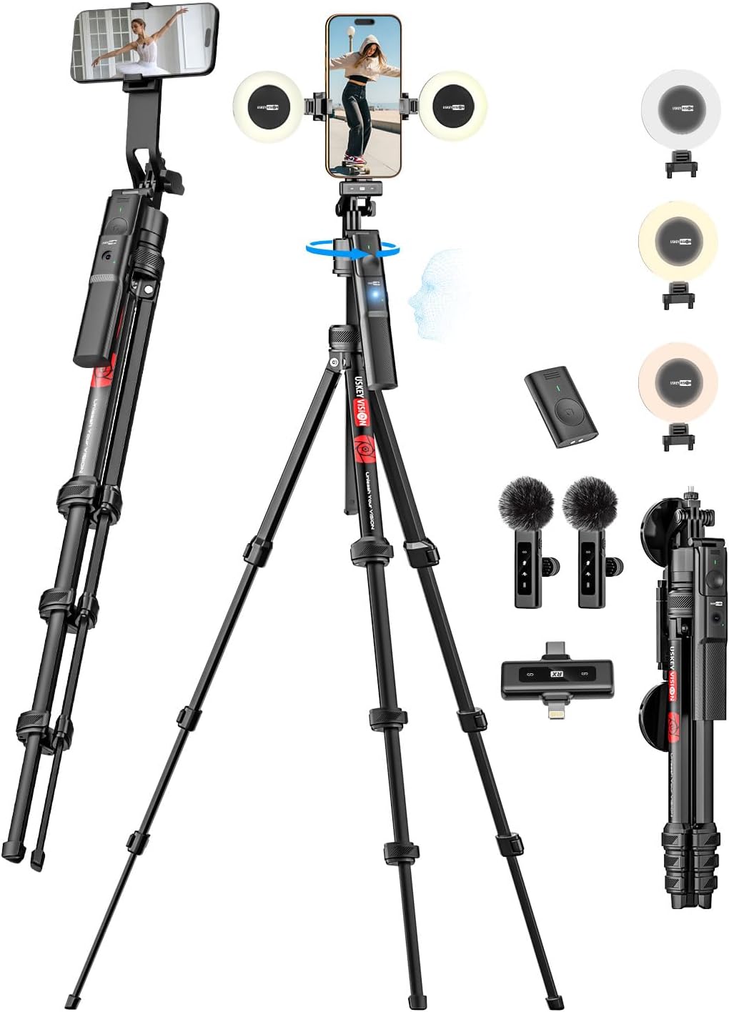 USKEYVISION Vlogging Kit w/Remote,YouTube Starter Kit,Auto Face Tracking Tripod for iPhone w/Light,Phone Stand for Video Recording,Camera Mount Tripod,Wireless Lavalier Microphone（R01 Pro Combo1）
