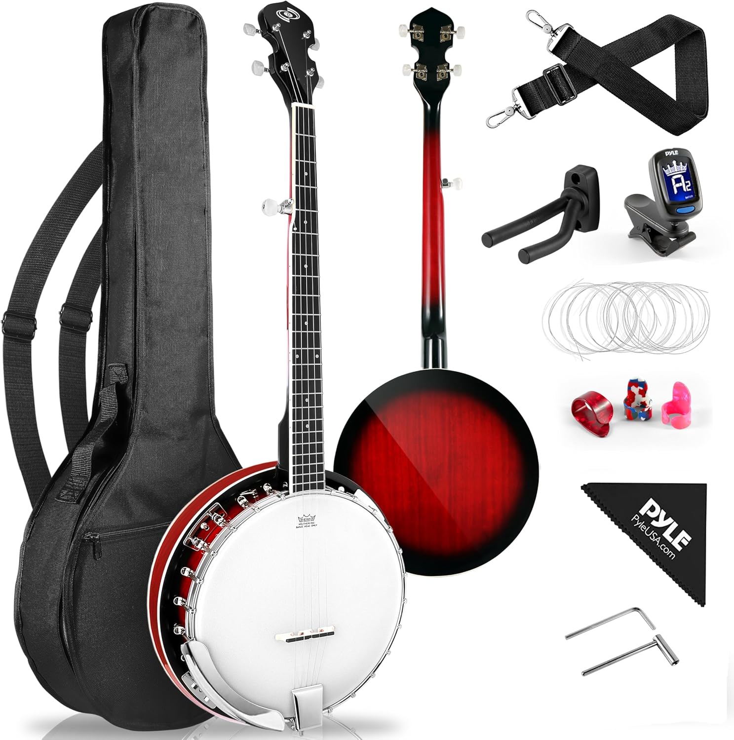 Pyle 5 String Resonator Banjo - Full Size 24 Bracket, Geared 5th Tuner Professional Instrument w/Remo Drum & Hardwood Back - Full Beginner Starter Kit Gig Bag, Tuner, Strings, Picks, Strap, Tools