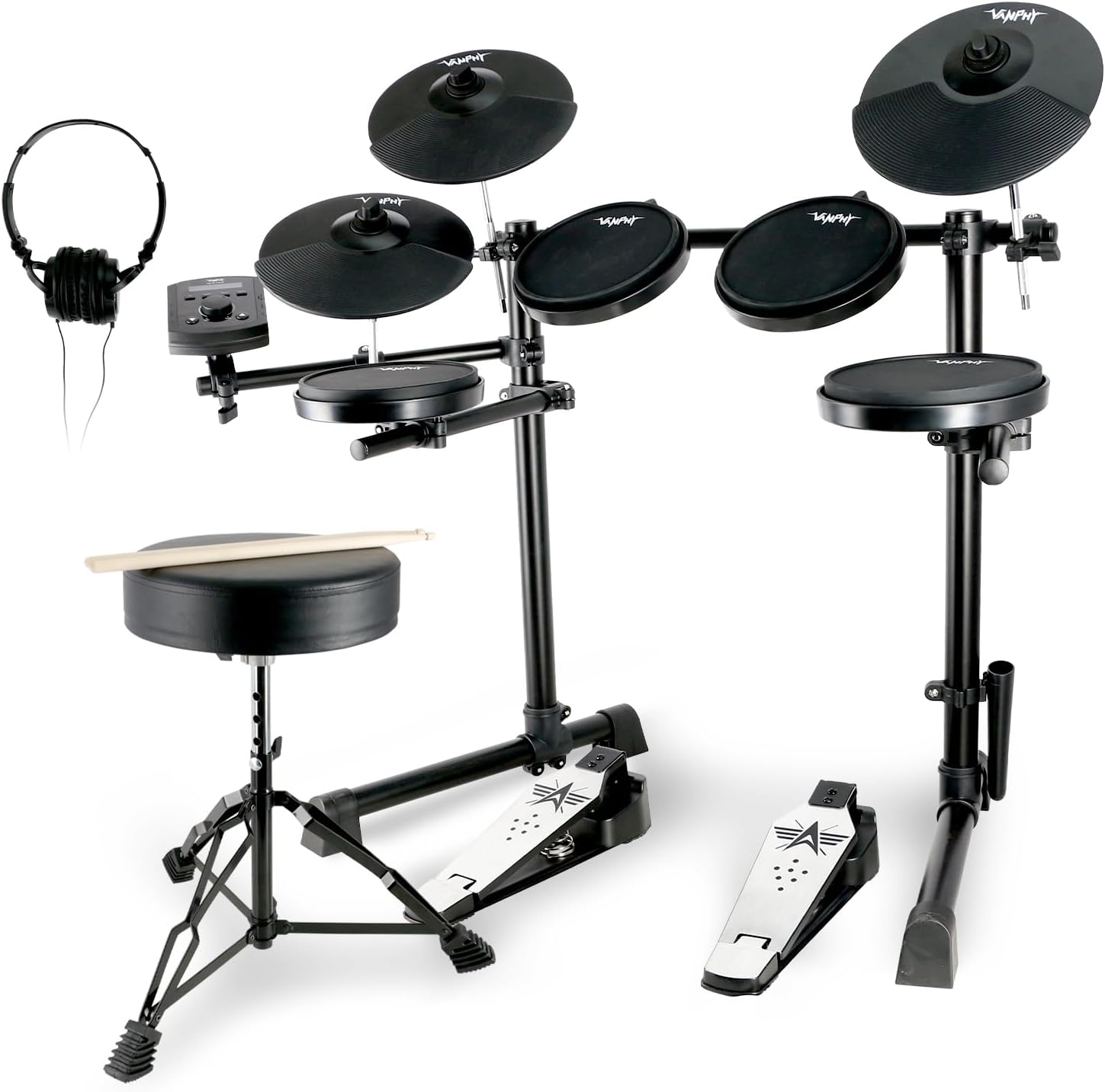 Electric Drum Set Electronic Drum Set for Beginner Electric Drums with Quiet Silicone Pads 20 Drum Set 350 Sounds 2 Pedals Bluetooth Sticks Drum Stool Headphone 6.35mm Audio Cable（Black）