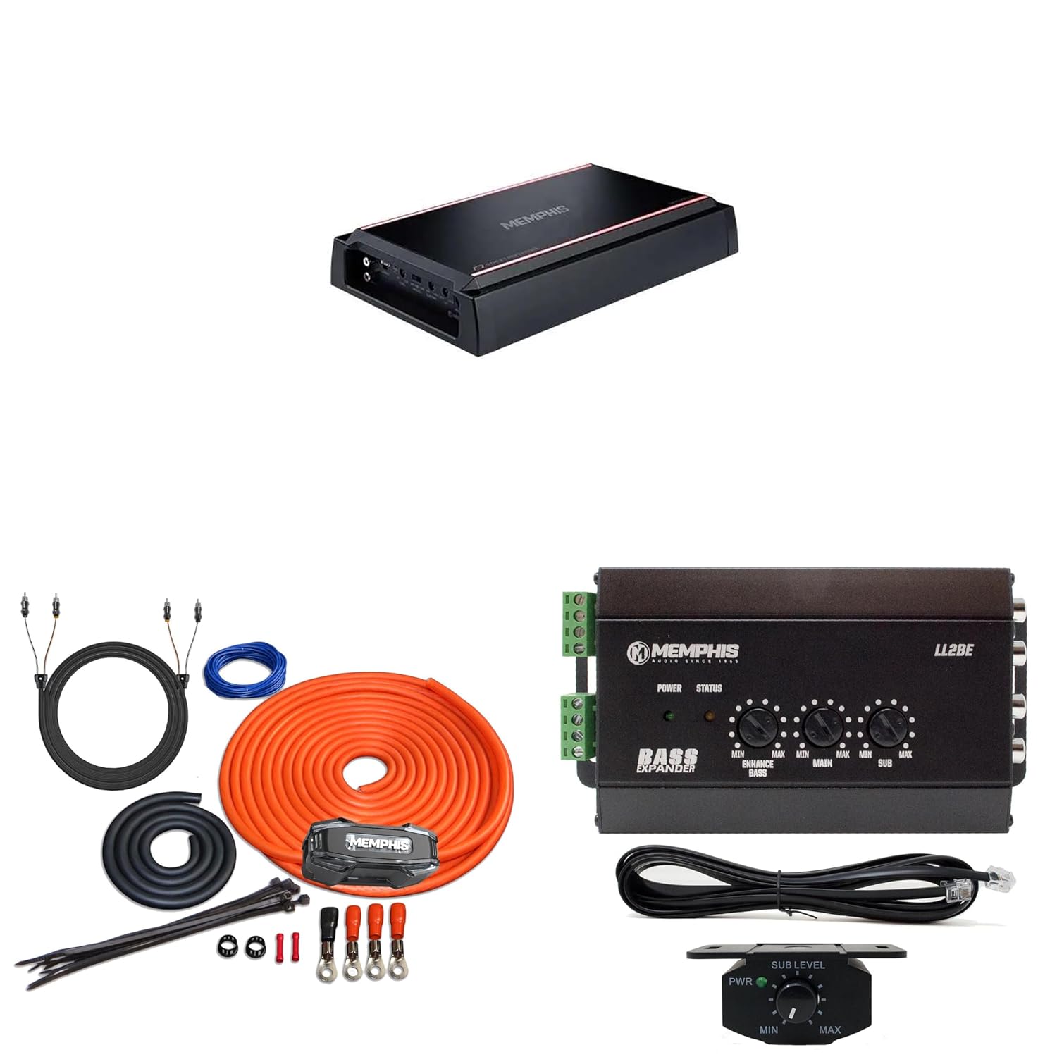 Memphis Audio SRX1200.1V 1200x1 at 1 Ohm SR Amplifier with 4GKIT 4-Gauge Amp Install Kit with ANL Fuse Holder and LL2BE 2-Channel Line Output Converter with Digital Bass Restoration