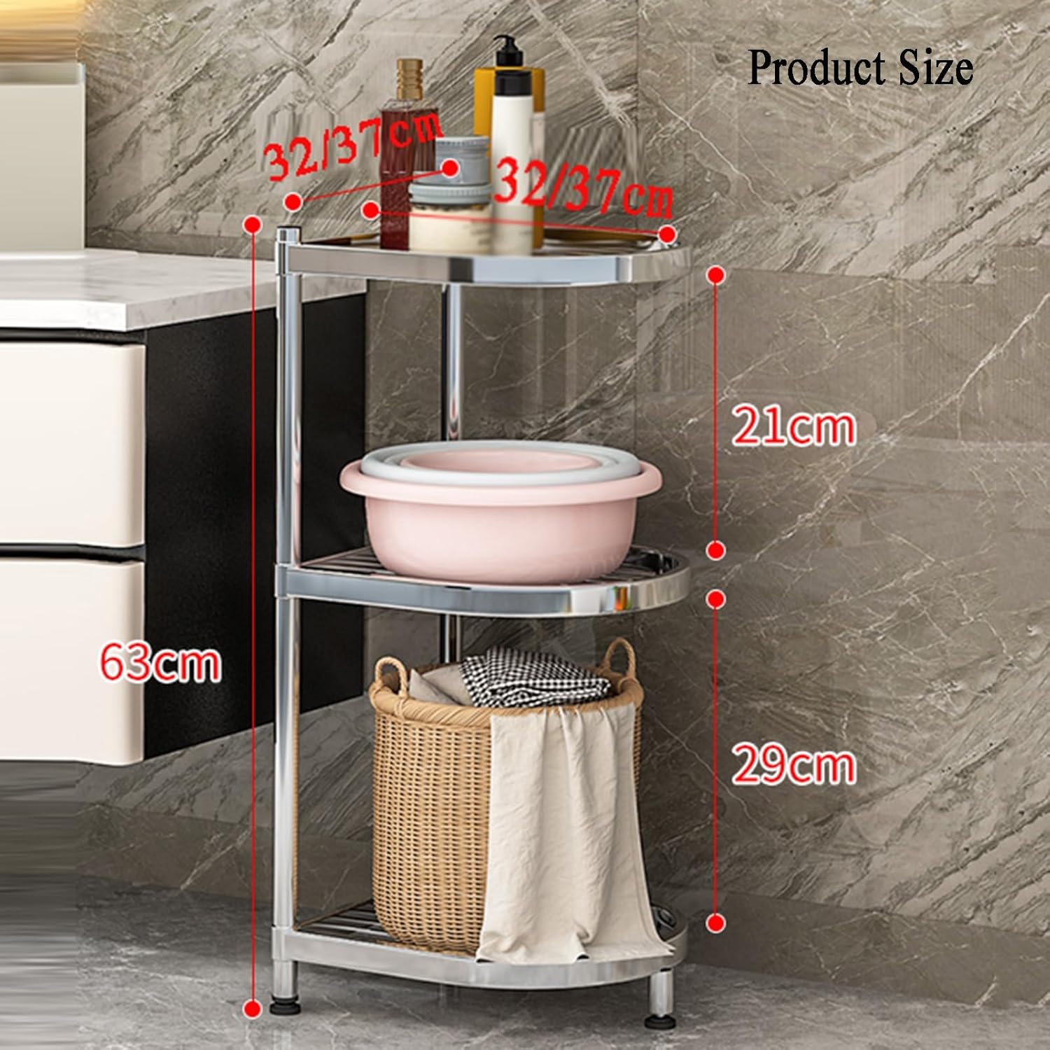 2/3/4 Tier Storage Rack, Adjustable Storage Rack, 2/3/4 Tier Corner Stainless Steel Rack for Entryway, Living Room, Narrow Space, Pantry, Bathroom(37 X 37 X 63cm) ()