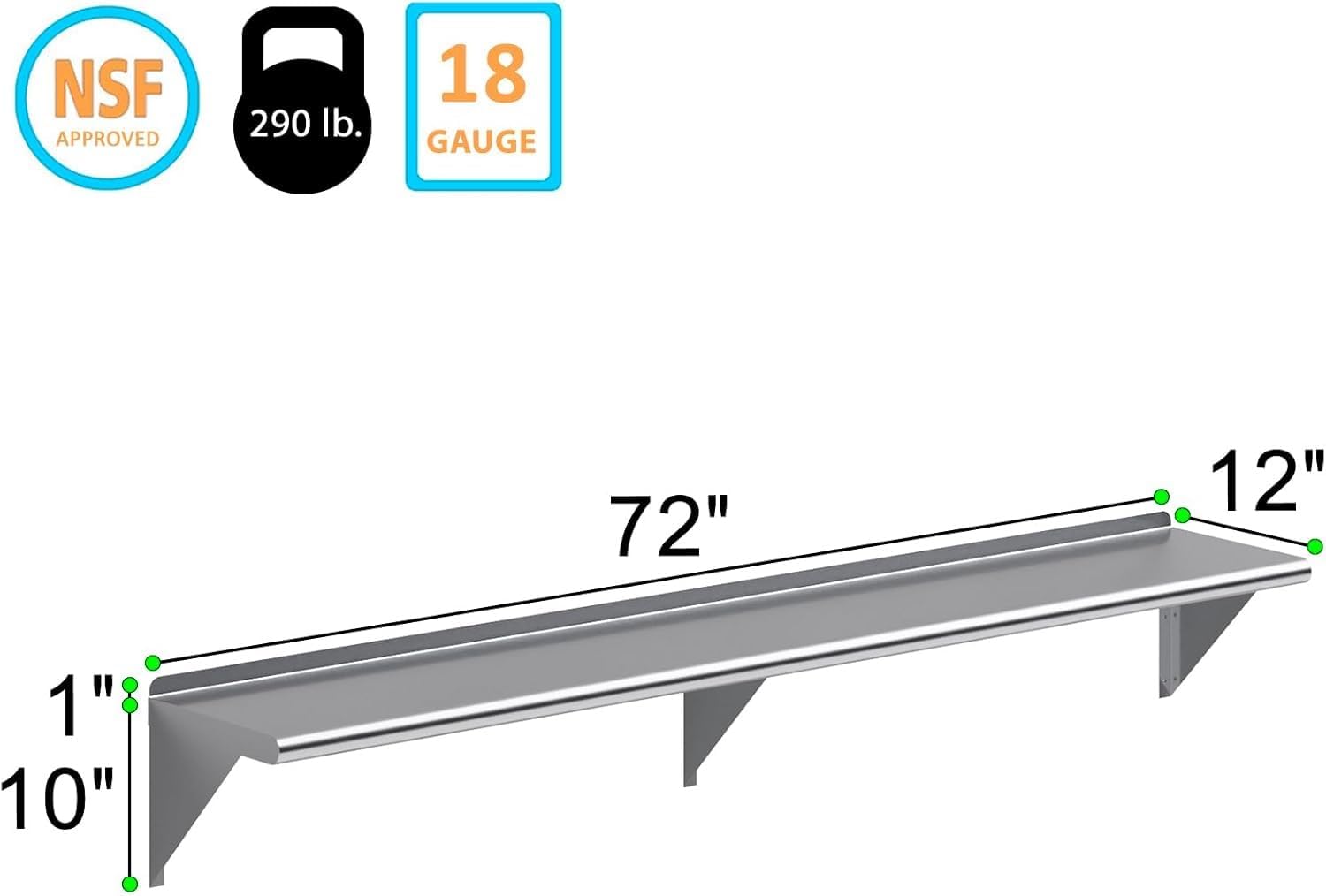 KPS Heavy Duty Stainless Steel Wall Mount Shelf 12 x 72 - NSF