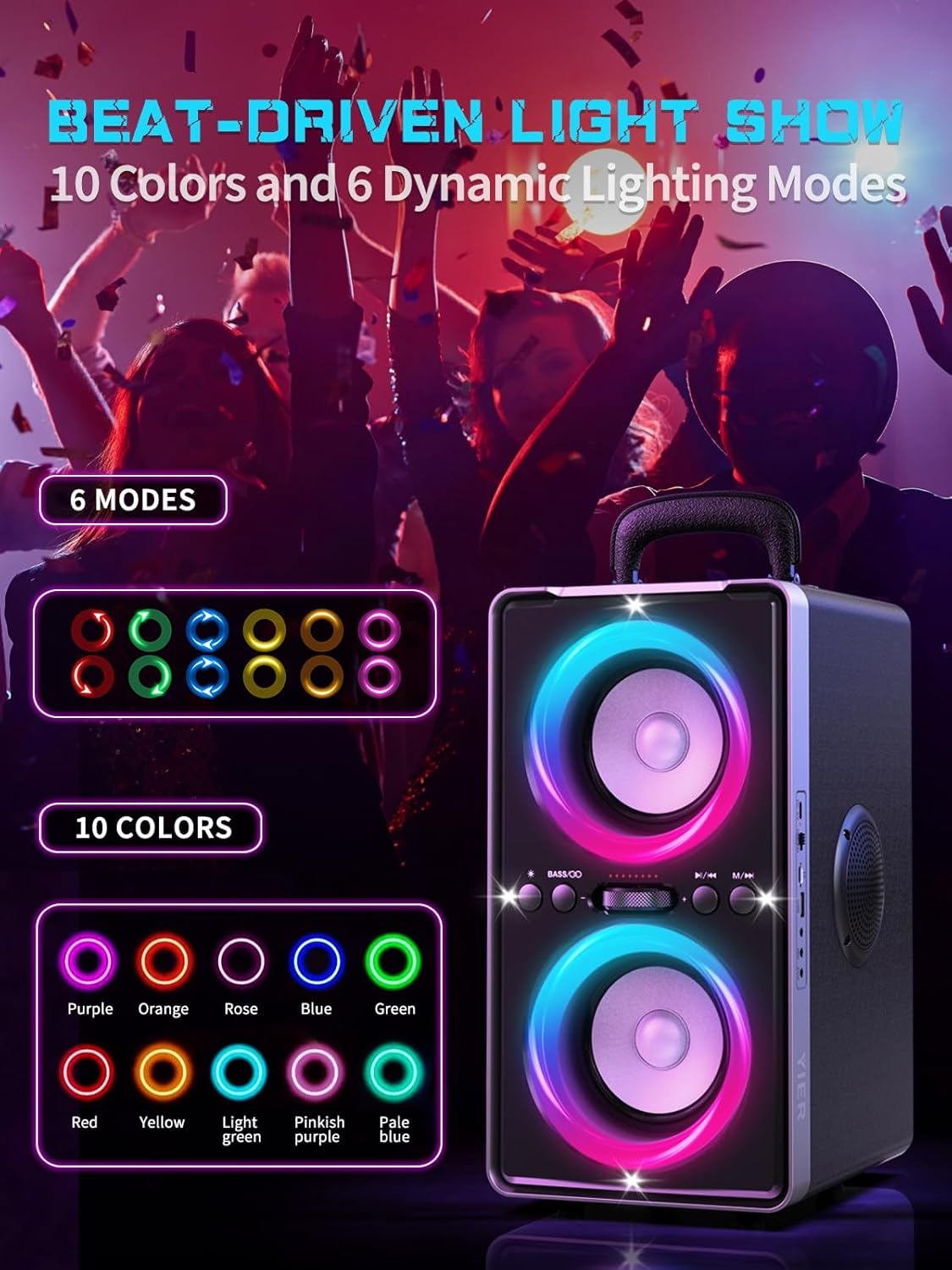 Bluetooth Speaker, 200W Peak Loud Stereo with Big Bass, 20H Playtime, TWS, Fast Charging, Portable Handle, Wireless Large Boombox Bocina with LED Light for Party Outdoor Backyard Camping