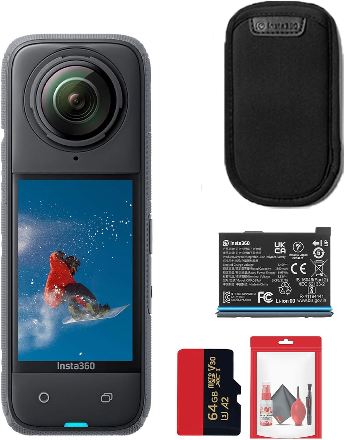 Insta360 X4 - Waterproof 360 8K Action Camera with 48MP Sensors, 5.7K 360 Video, 72MP 360 Photo, AI Editing, for Sports, Travel, Outdoors + 64GB Card + Cleaning Kit