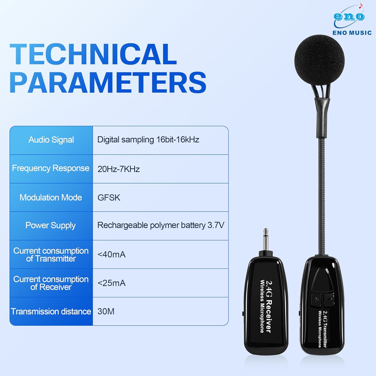 ENO MUSIC Professional 2.4G Wireless Mic System for Saxophone, 30M Stable Signal, Auto Reconnect, Includes 3.5mm-6.35mm Adapters for Live Shows