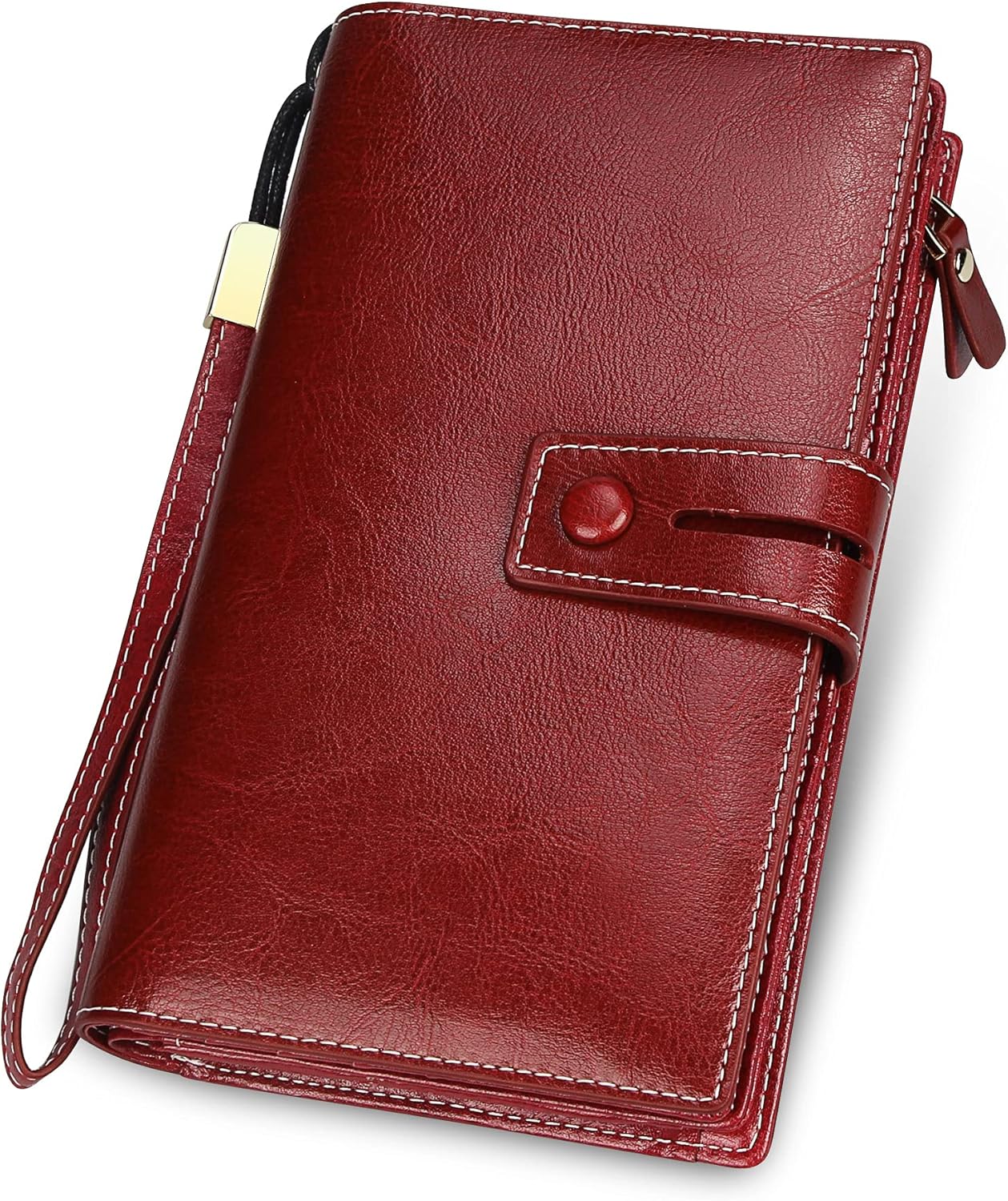 Big Capacity Genuine Leather Wallet for Women RFID Blocking Zip Clutch with Phone Organizer Wristlet (Red Wine)