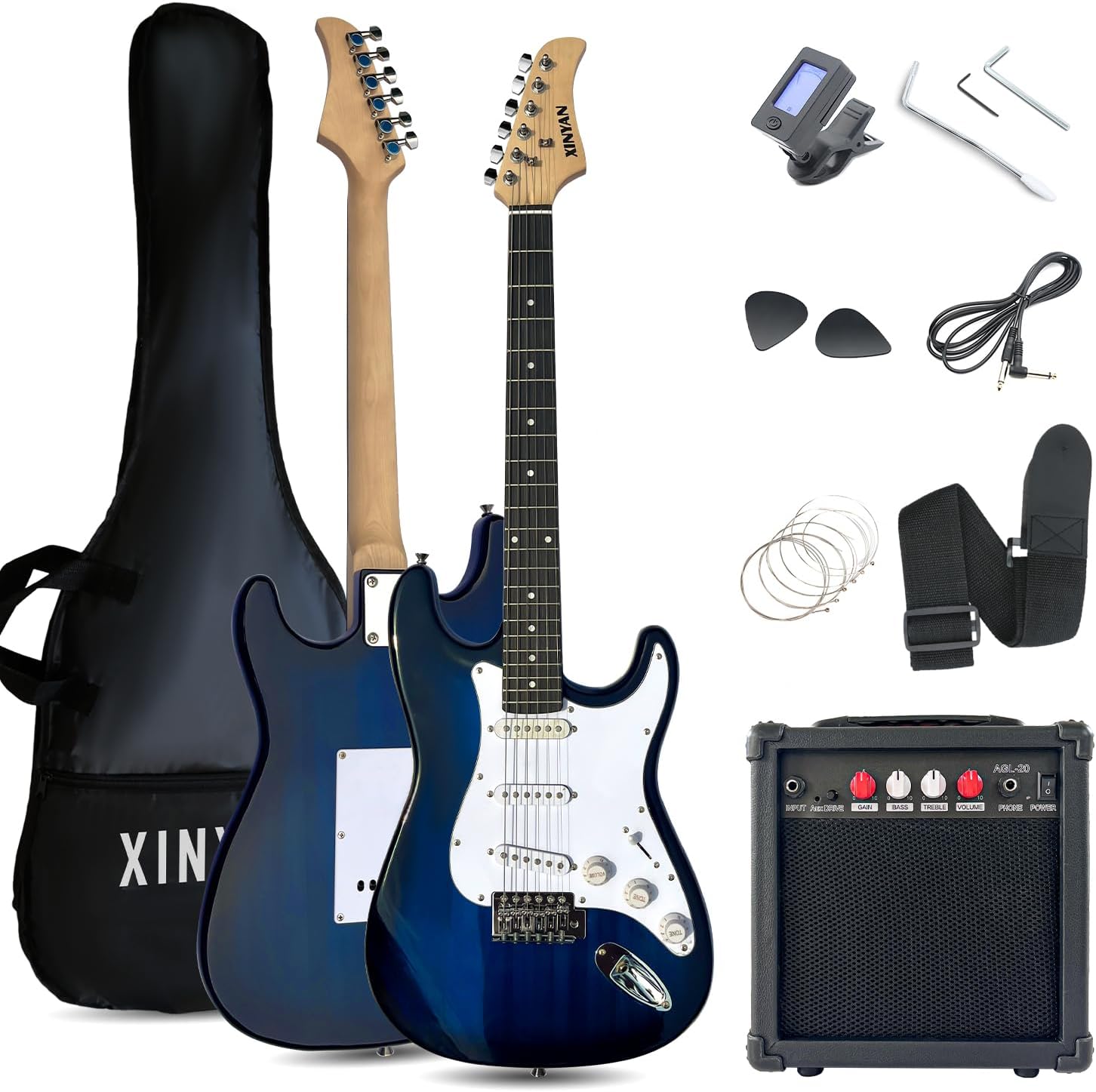 39in Full Size Beginner Electric Guitar Starter Kit w/Case, Strap, 20W Amp, Strings, Pick, Tremolo Bar (Blue Guitar)