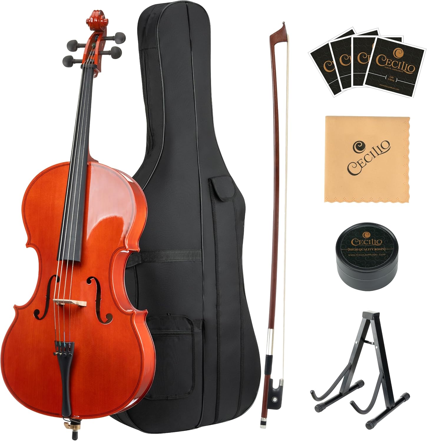 Cecilio 3/4 Size Cello, Beginner Cello 3/4, Acoustic Cello Set with Portable Bag, Bow, Rosin, Stand, String Musical Instruments for School Orchestras, Performances