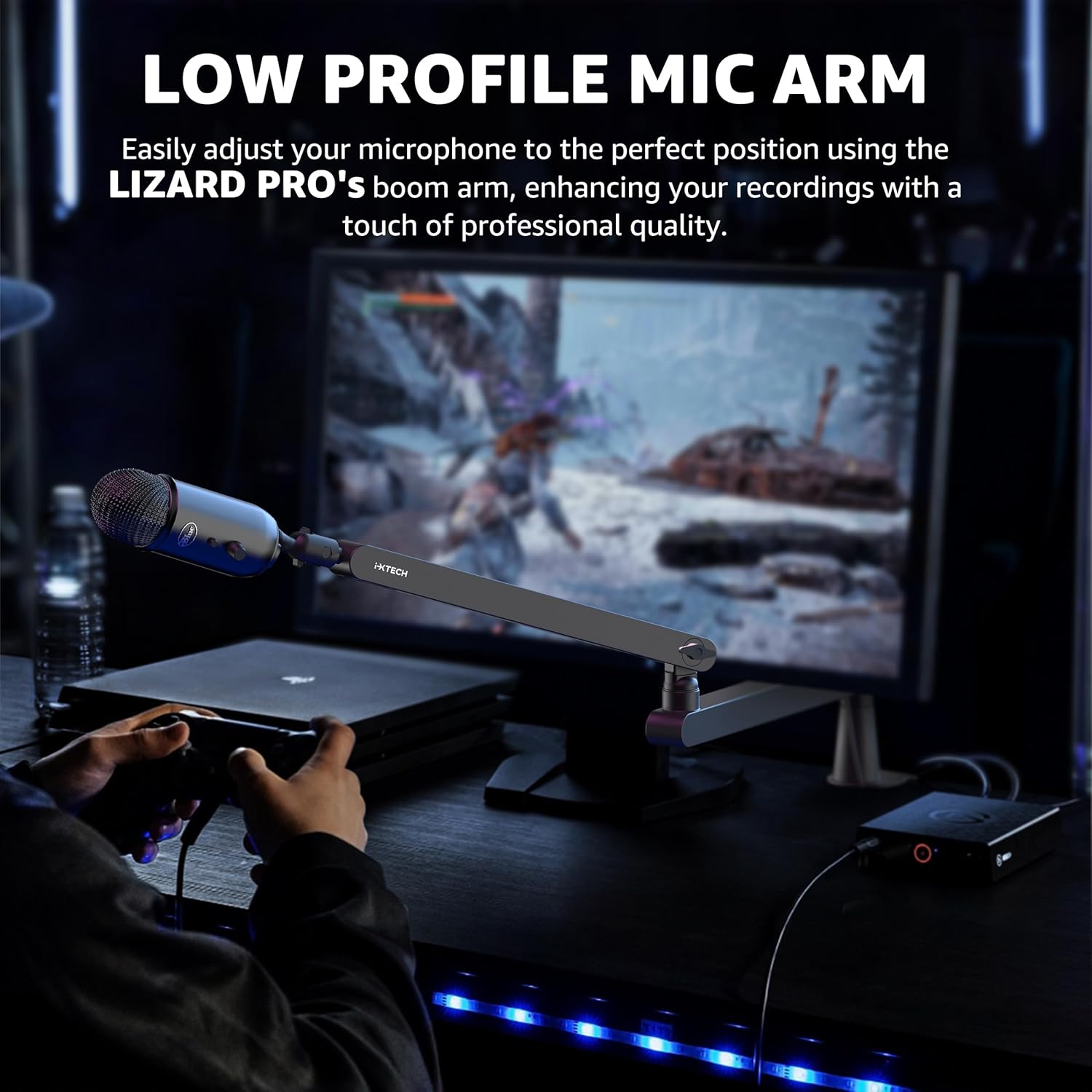 IXTECH Mic Boom Arm Stand LP Microphone Stand Low Profile Microphone Arm Adjustable for Blue Yeti Shure Sm7b Hyperx QuadCast Rode Fifine and At2020 360° Mic Arm for Gaming Podcasting.