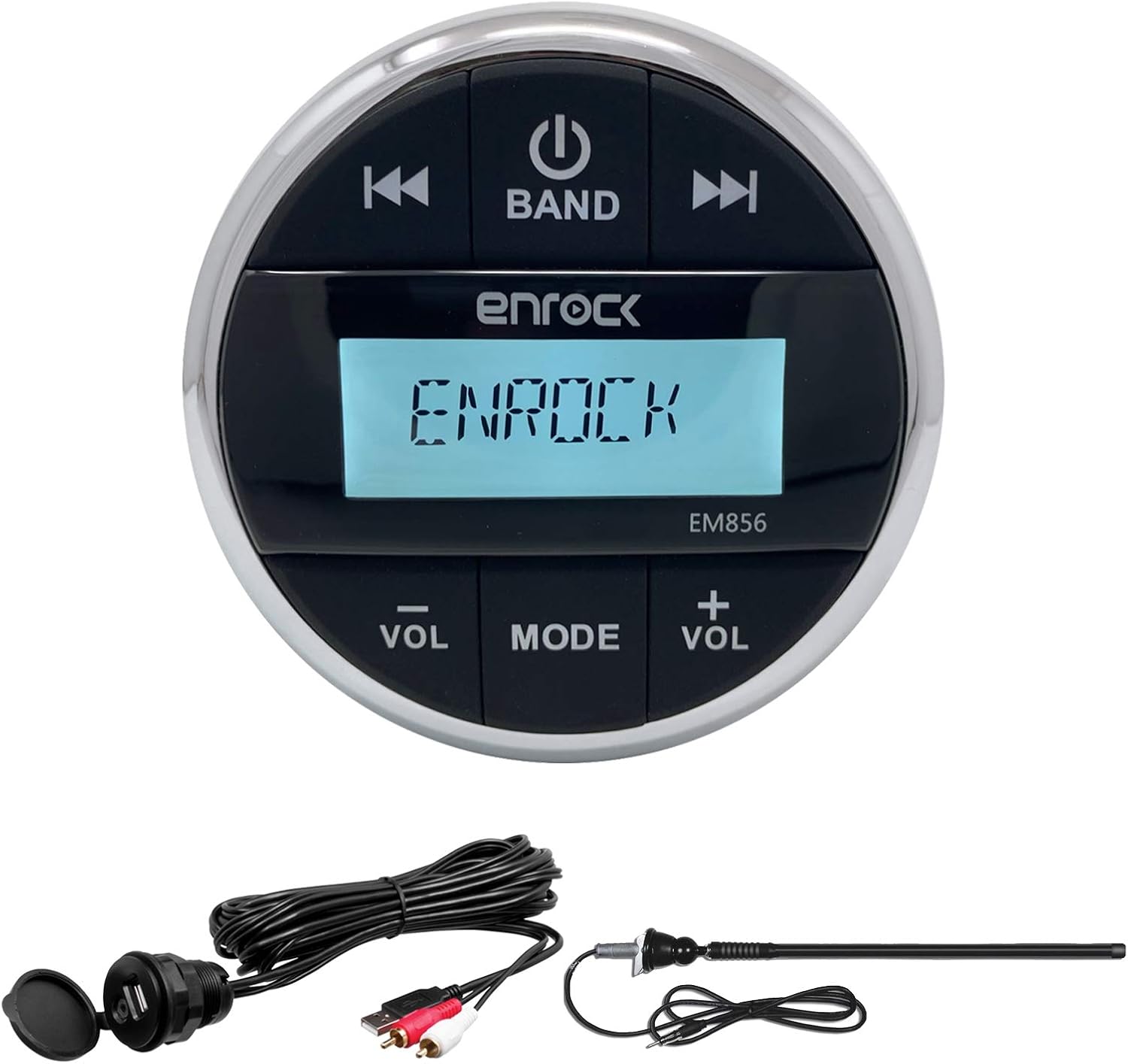Enrock Multimedia Gauge Style Marine Grade Bluetooth Receiver, Universal USB/3.5MM Auxiliary Interface Mount, Rubber Mast Long-Range Marine Boat/Yacht Radio Antenna (Black)
