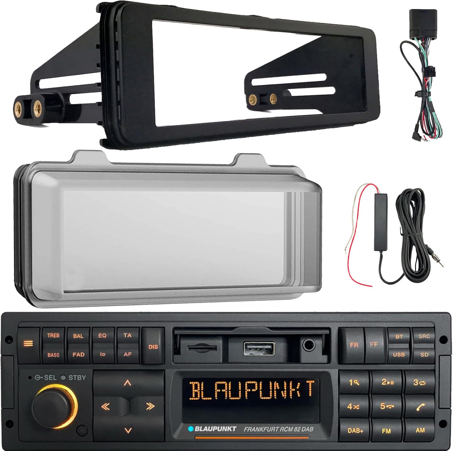 Blaupunkt Bremen Single DIN 80's Retro Classic Bluetooth USB/AUX AM/FM Radio Receiver W/Stereo Install Kit + Weather Shield Receiver Cover, 12V Reception Amplifier Booster Kit