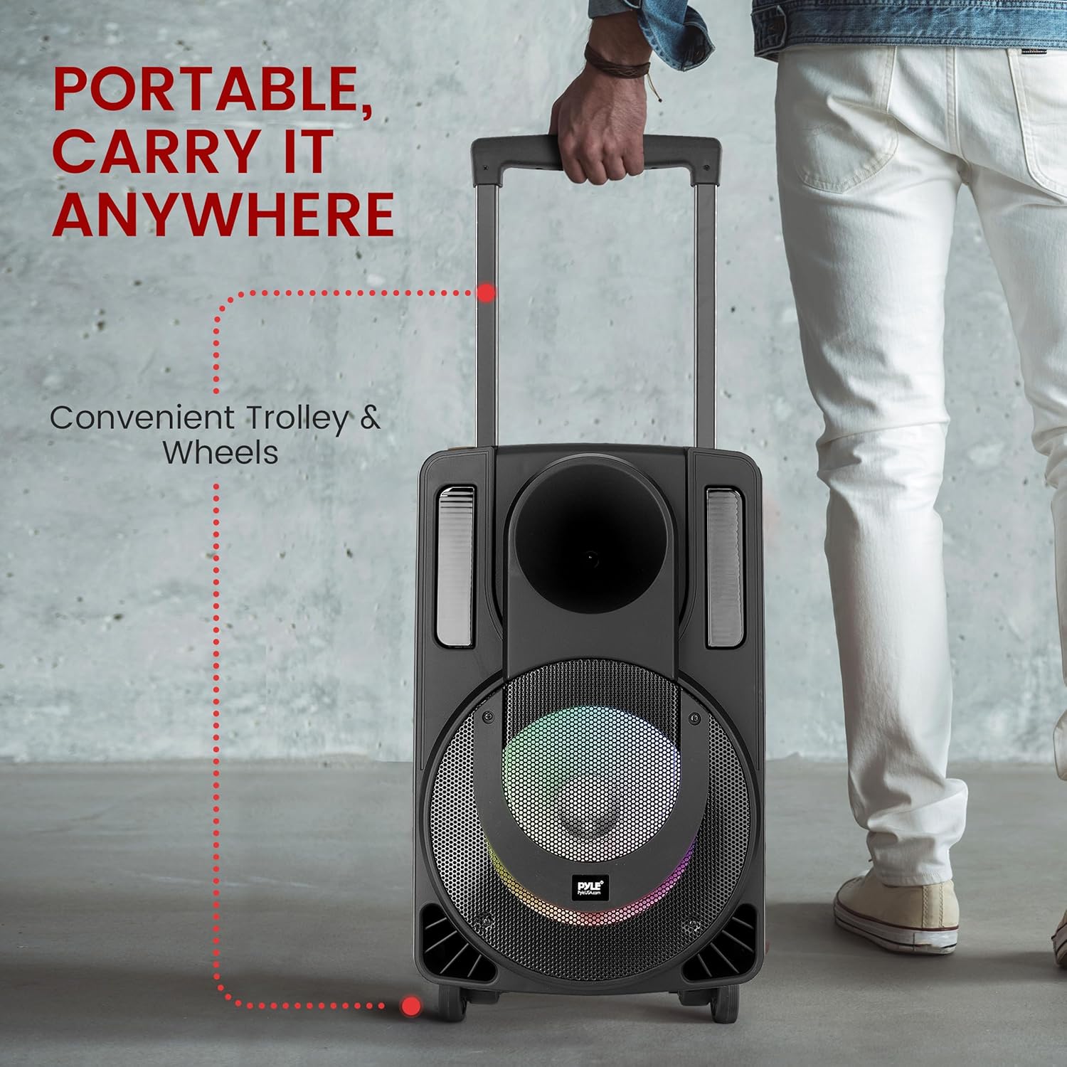 Pyle 8’’ Portable PA Speaker System - 280 Watts PA & Karaoke Speaker with Two Wireless & 1 Wired Microphone, Wireless Bluetooth Streaming, Flashing Party Lights, MP3/USB/FM Radio