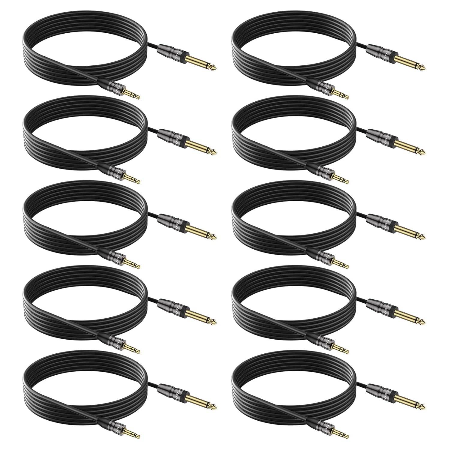 J&D 3.5mm to 6.35mm Stereo Audio Cable 6.5 Feet (10 Pack), 1/8 to 1/4 Cable, 3.5mm TRS Male to 1/4 Male Mono Interconnect Stereo Aux Jack Adapter Cable for Guitar, Bass, Home Theater Devices, Speaker