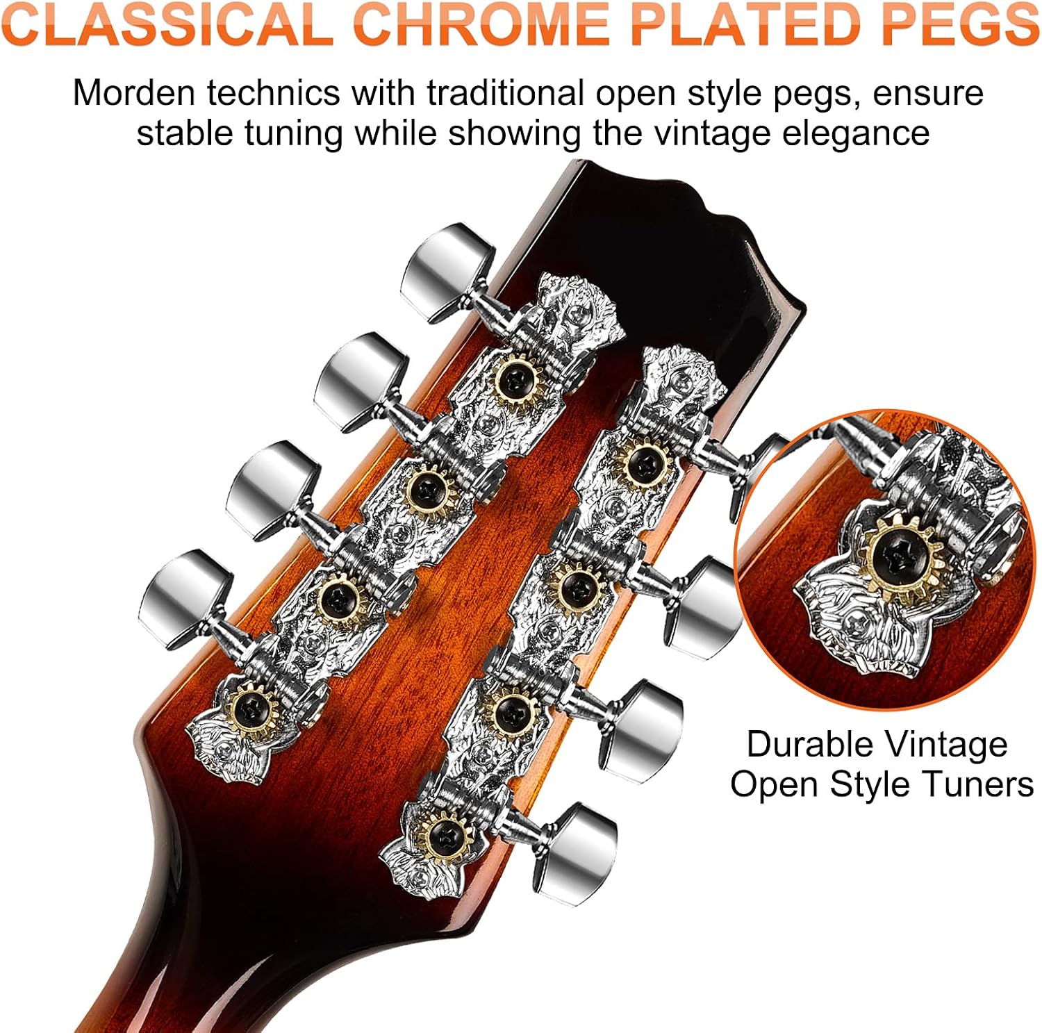 Vangoa LEFT-HANDED Mandolin Musical Instrument, Acoustic 8 String Mandolin A Style for Left Hand Beginners, Sunburst