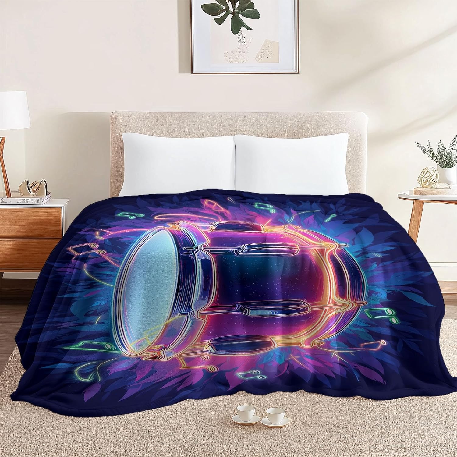Throw Blanket Size for Couch Dark Blue Bedding Soft Lightweight Plush Drum Set Pattern Blankets, Sofa Bed Office Chair Throws for Boys Girls Modern Music Style Blanket Throws 90