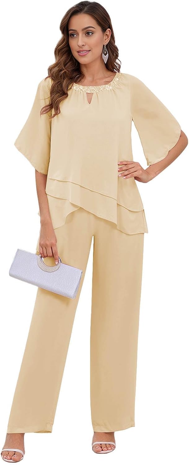 2 Pieces Mother of The Bride Pant Suits - Layered Chiffon Sequin Neck Grandmother of The Bride Dresses