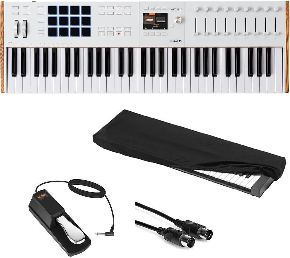 Arturia KeyLab 61 mk3 Professional MIDI Controller and Software (White) Bundle with Auray FP-P1L Sustain Pedal, Medium Keyboard Dust Cover, and 10' Black Midi cable