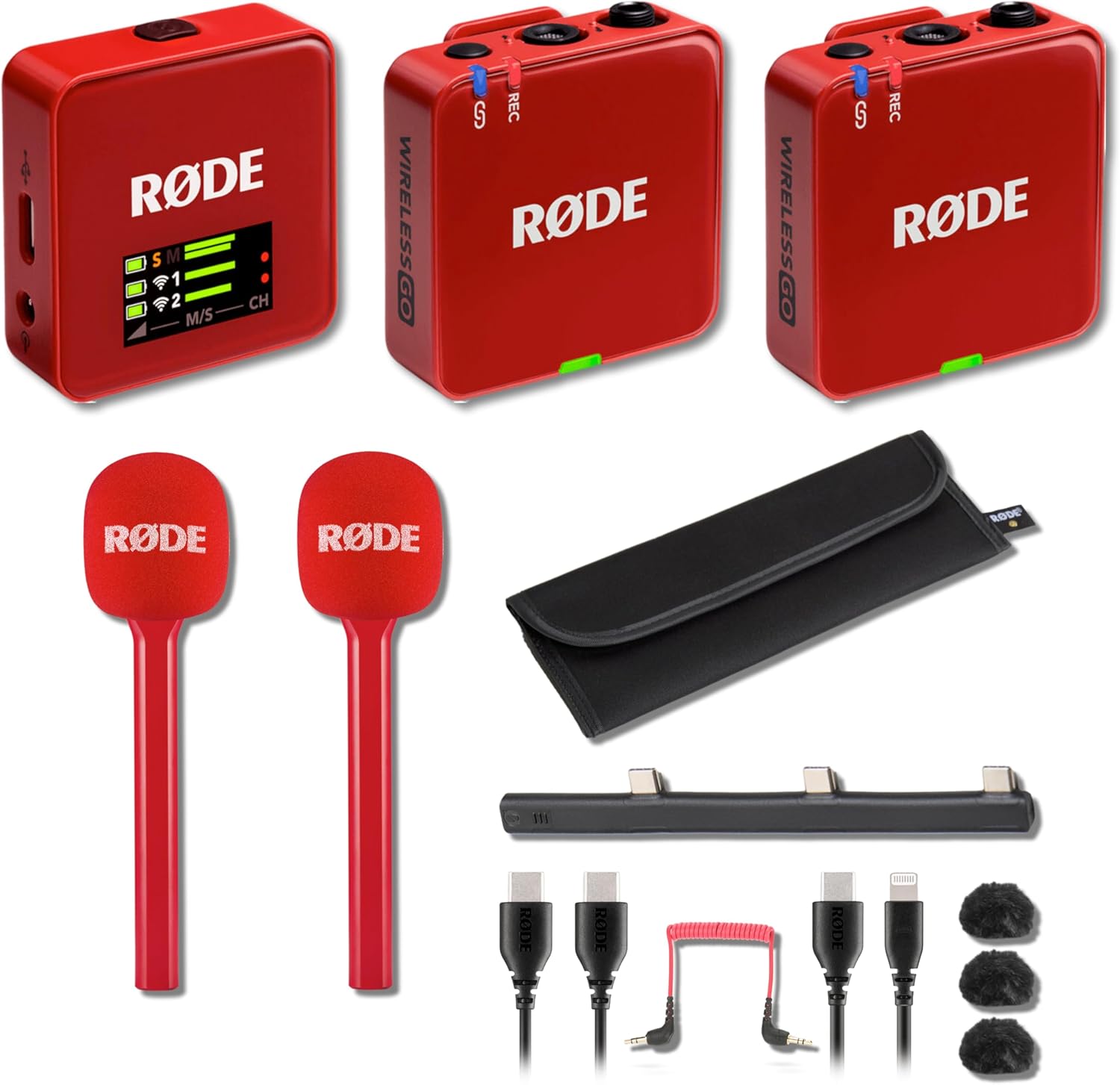 Rode Wireless GO (Gen 3) Compact Wireless Microphone System (Red) with 2X Red Interview GO Handheld Adapters
