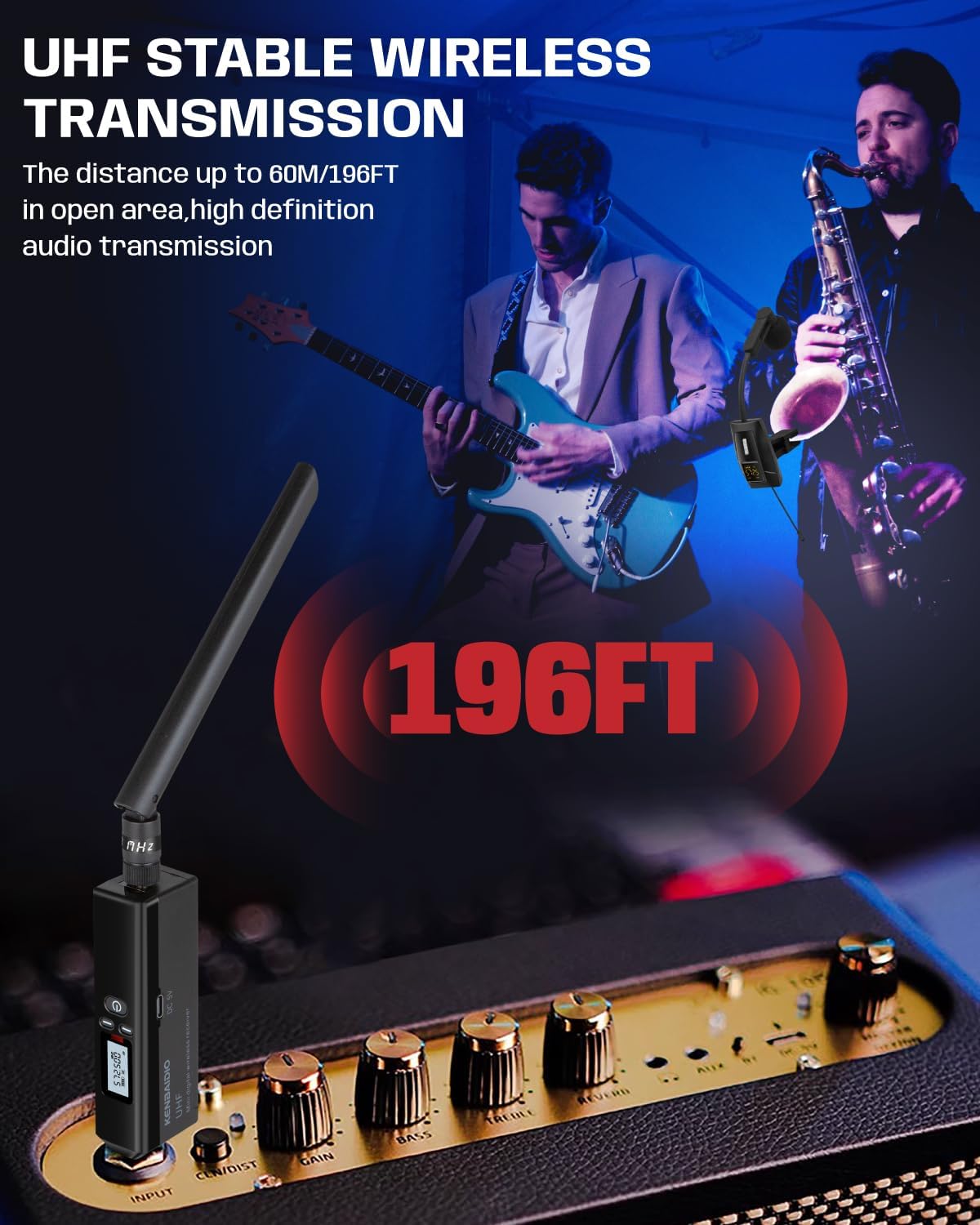 Saxophone Microphone, UHF Rechargeable Wireless Instruments Microphone System with Transmitter and Receiver 196ft Range, Clip on Condenser Mic for Trumpet, Trombone, Saxofon, Most Brass Instruments