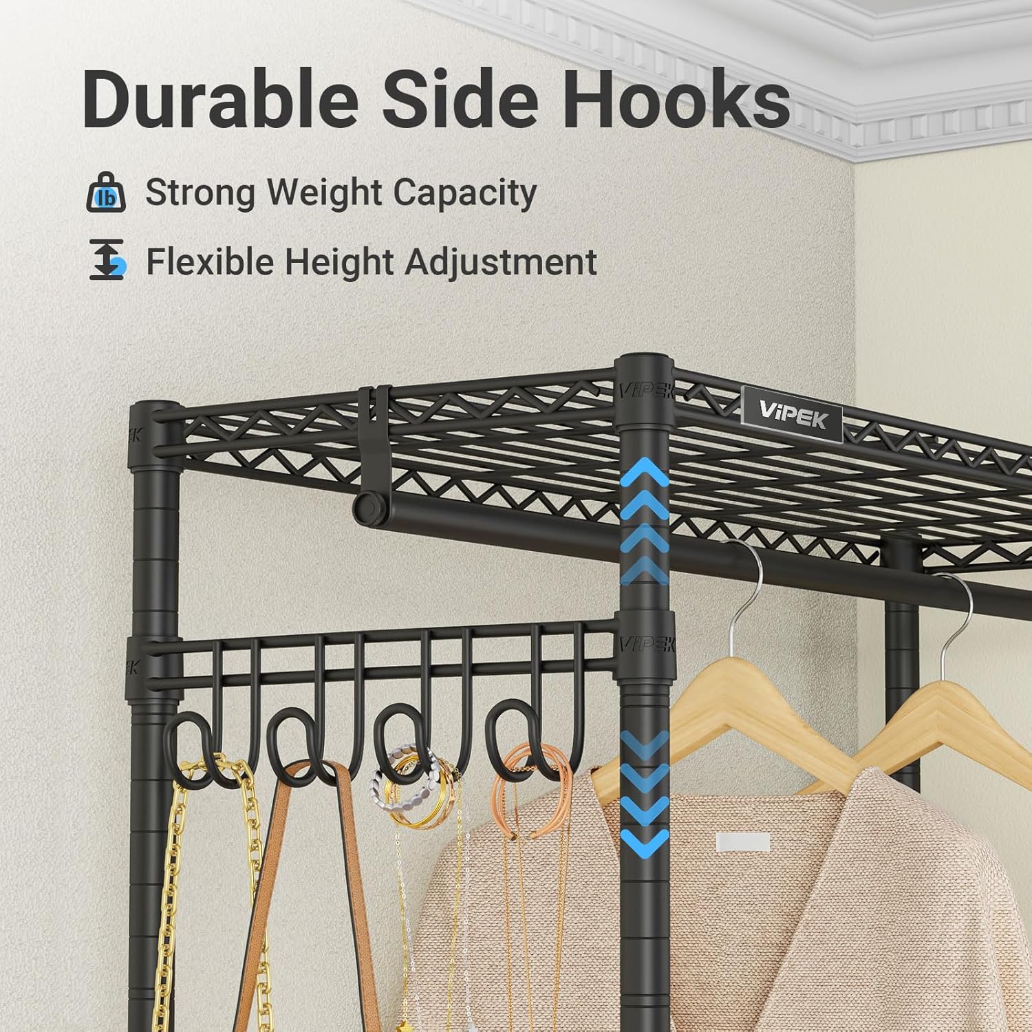VIPEK L4 Garment Rack L Shaped Clothes Rack for Corner, Freestanding Portable Wardrobe Closet Heavy Duty Clothing Rack with 3 Hanging Rods & 2 Side Hooks, 43.3